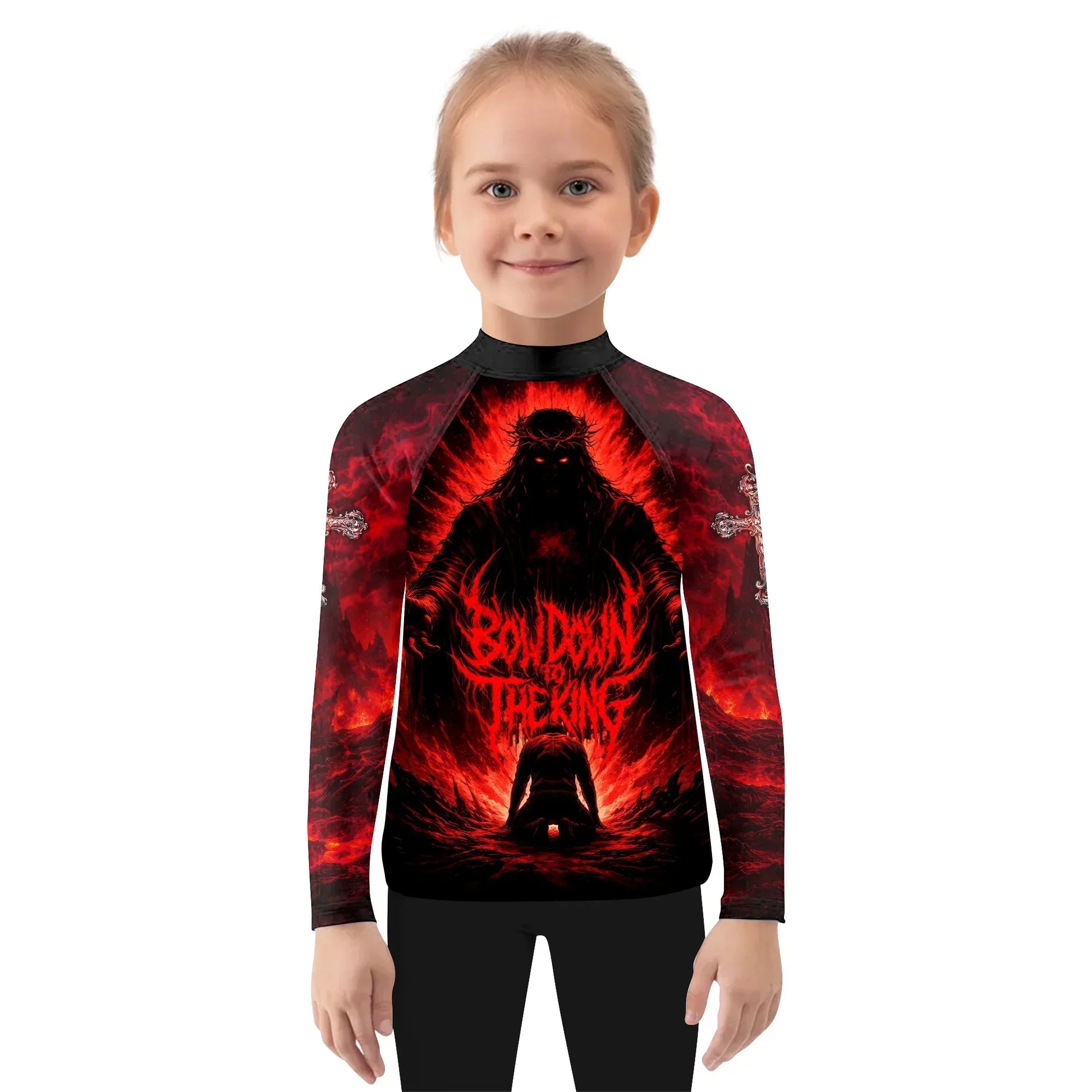 Bow Down To The King Kids Rash Guard Long Sleeve - girl's lifestyle view
