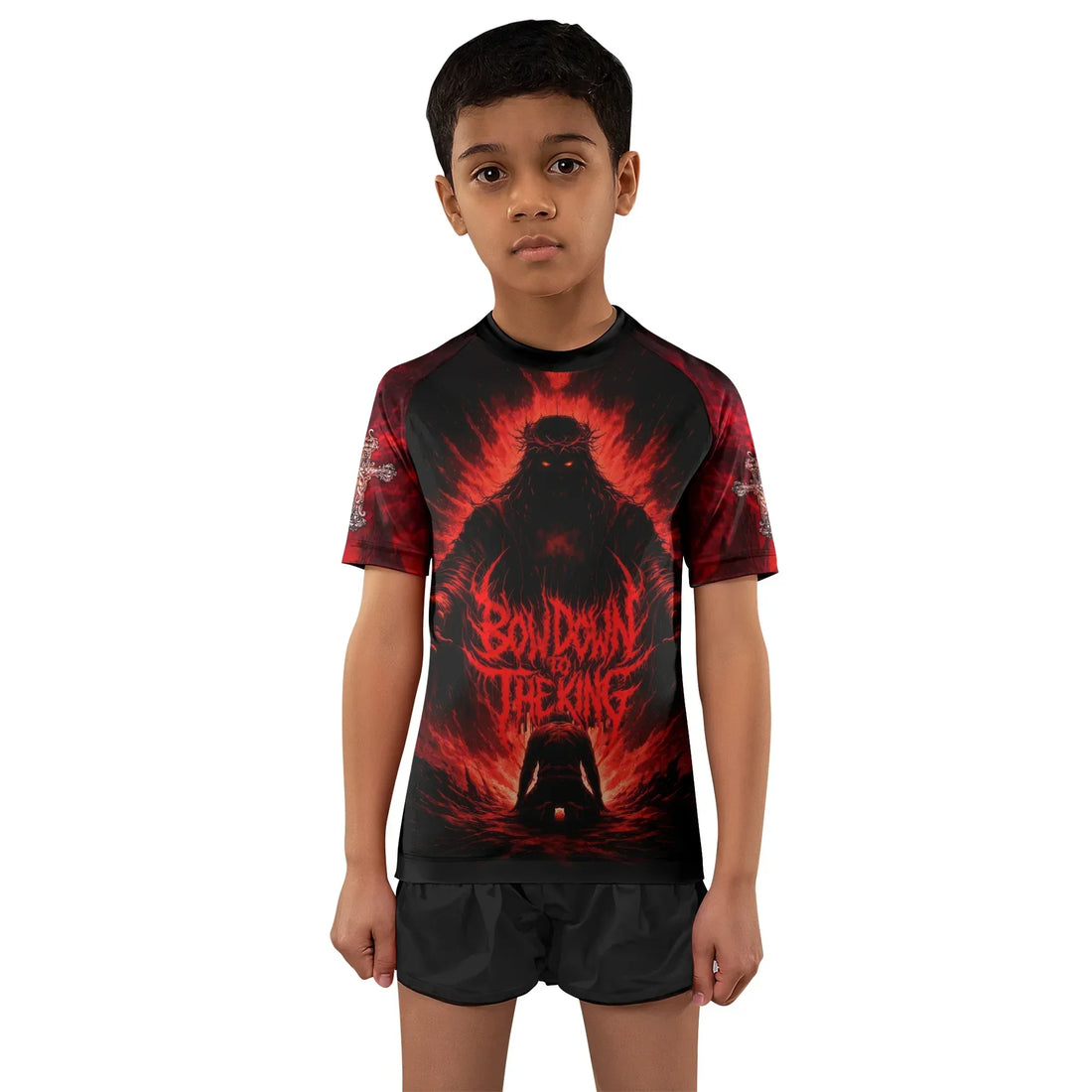 Bow Down To The King Kids Rash Guard Short Sleeve - boy's lifestyle view