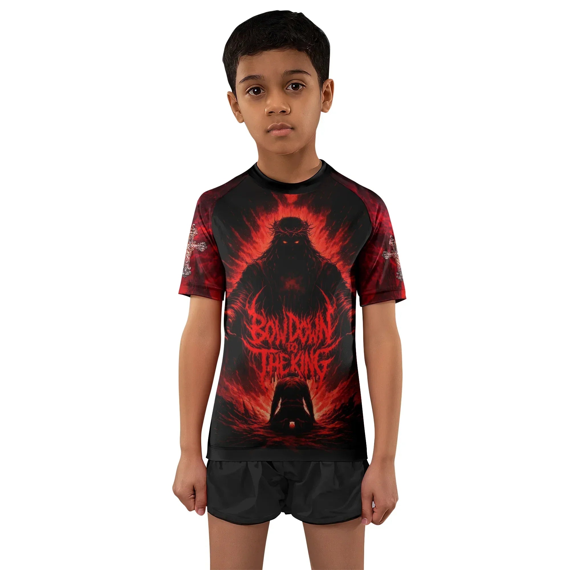 Bow Down To The King Kids Rash Guard Short Sleeve - boy's lifestyle view