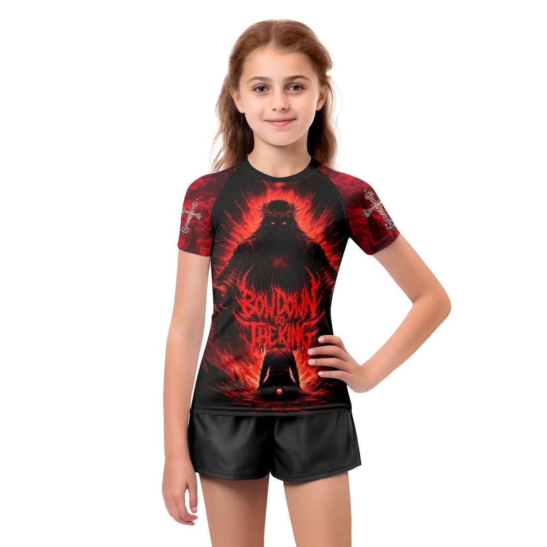Bow Down To The King Kids Rash Guard Short Sleeve - boy's lifestyle view