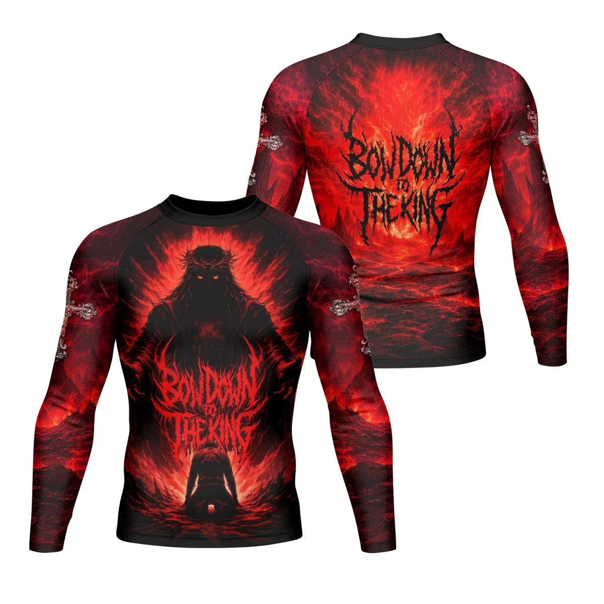 Bow Down To The King Men's Rash Guard Long Sleeve - front and back view