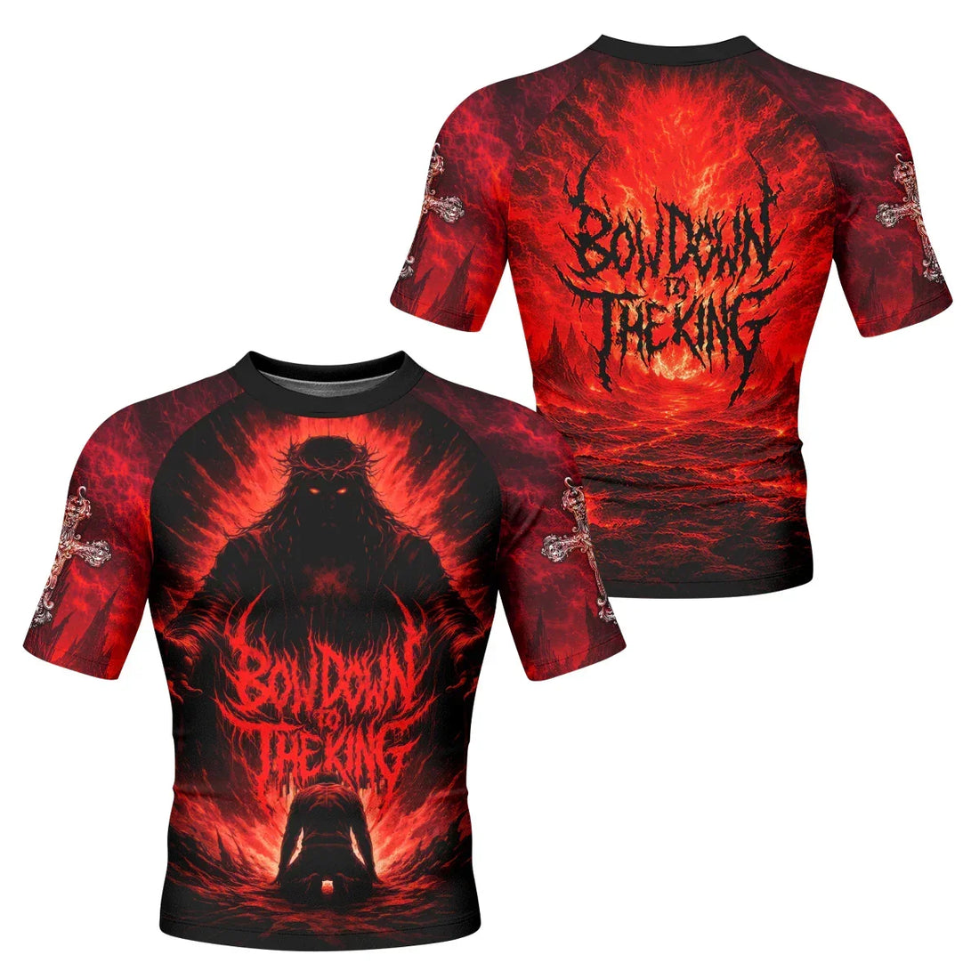 Bow Down To The King Men's Rash Guard Short Sleeve - front and back view