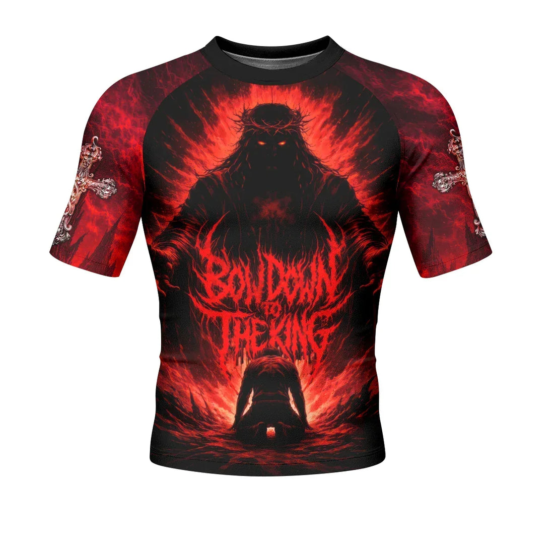 Bow Down To The King Men's Rash Guard Short Sleeve - front and back view