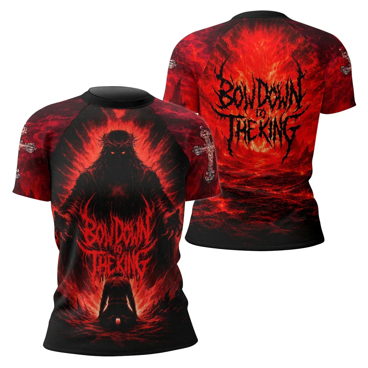 Bow Down To The King Women's Rash Guard Short Sleeve - front and back view