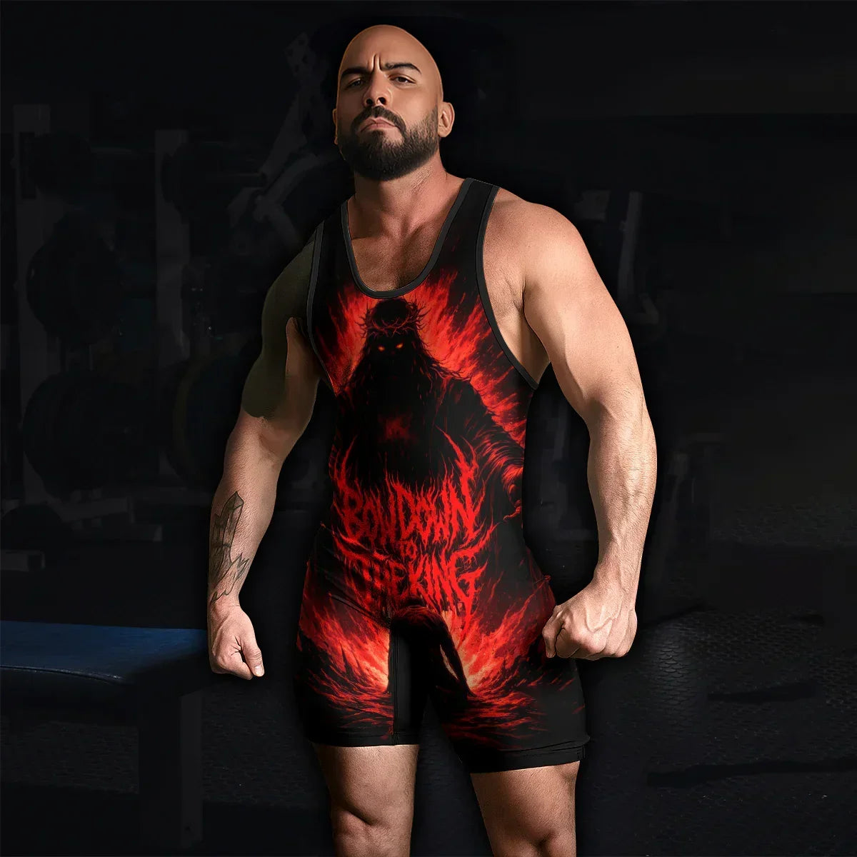 Bow Down To The King Wrestling Singlet - men's lifestyle view