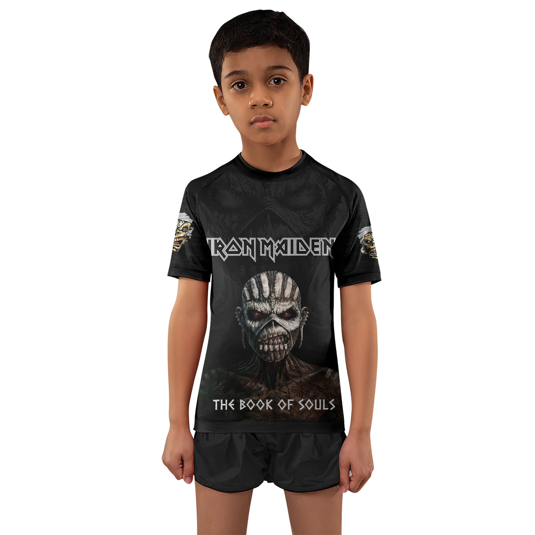 Iron Maiden The Book Of Souls Kids Rash Guard Short Sleeve - boy's lifestyle view
