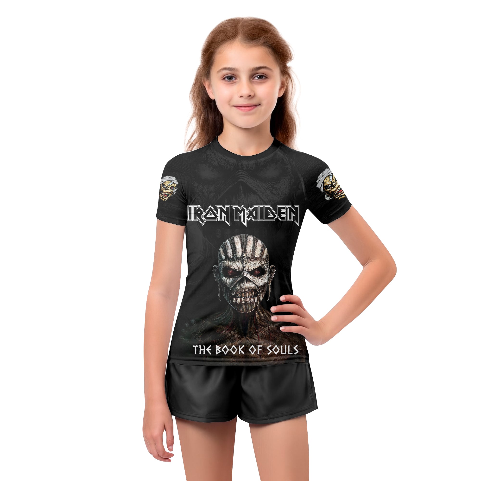 Iron Maiden The Book Of Souls Kids Rash Guard Short Sleeve - girl's lifestyle view