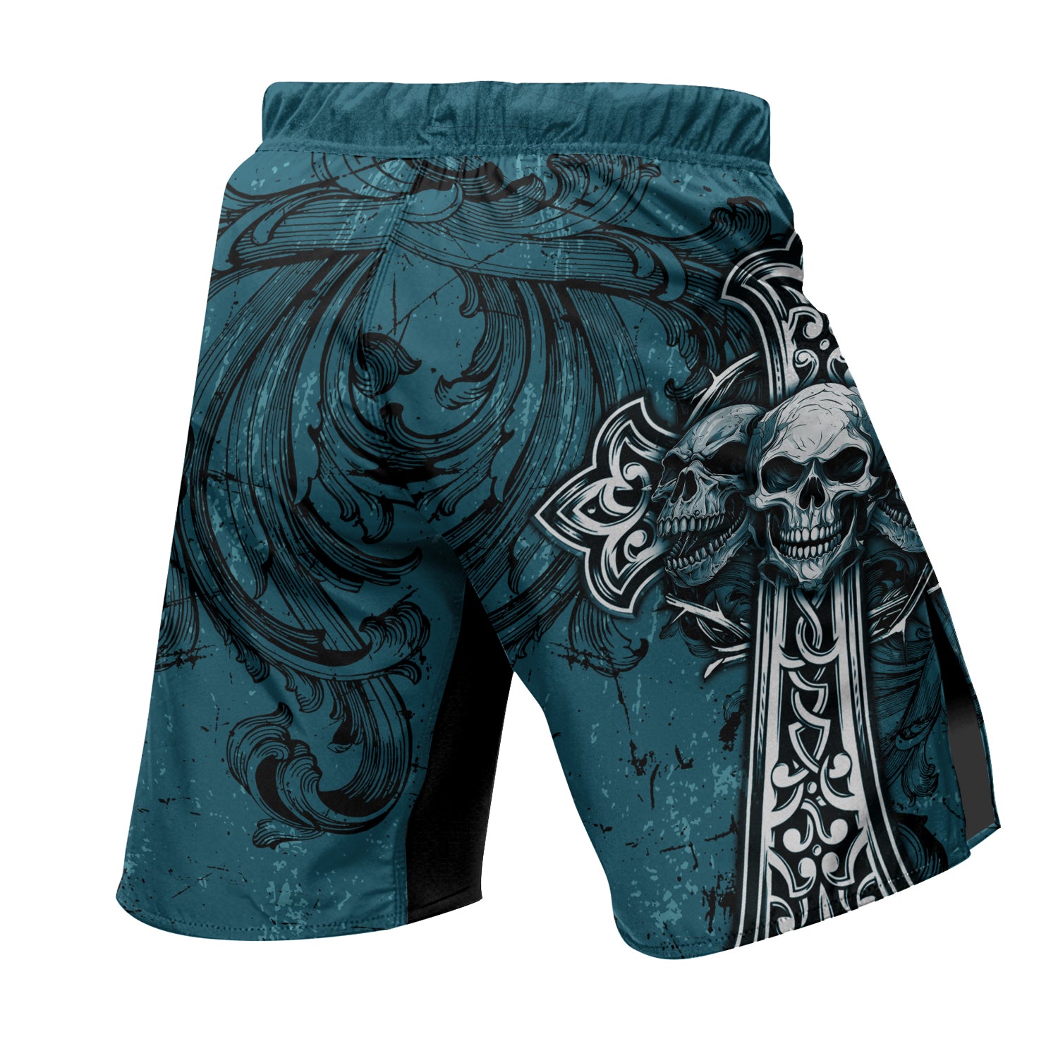 Memento Mori Skull Cross Fight Shorts - back view mockup