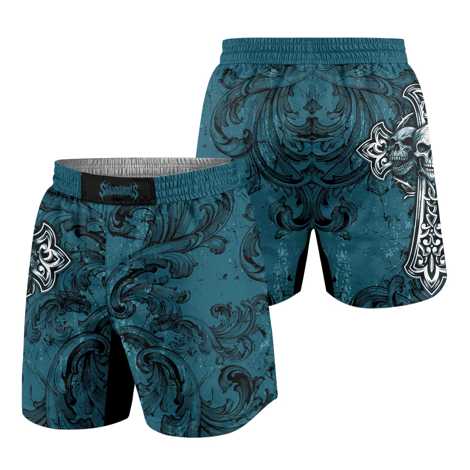 Memento Mori Skull Cross Grappling Shorts - front and back view
