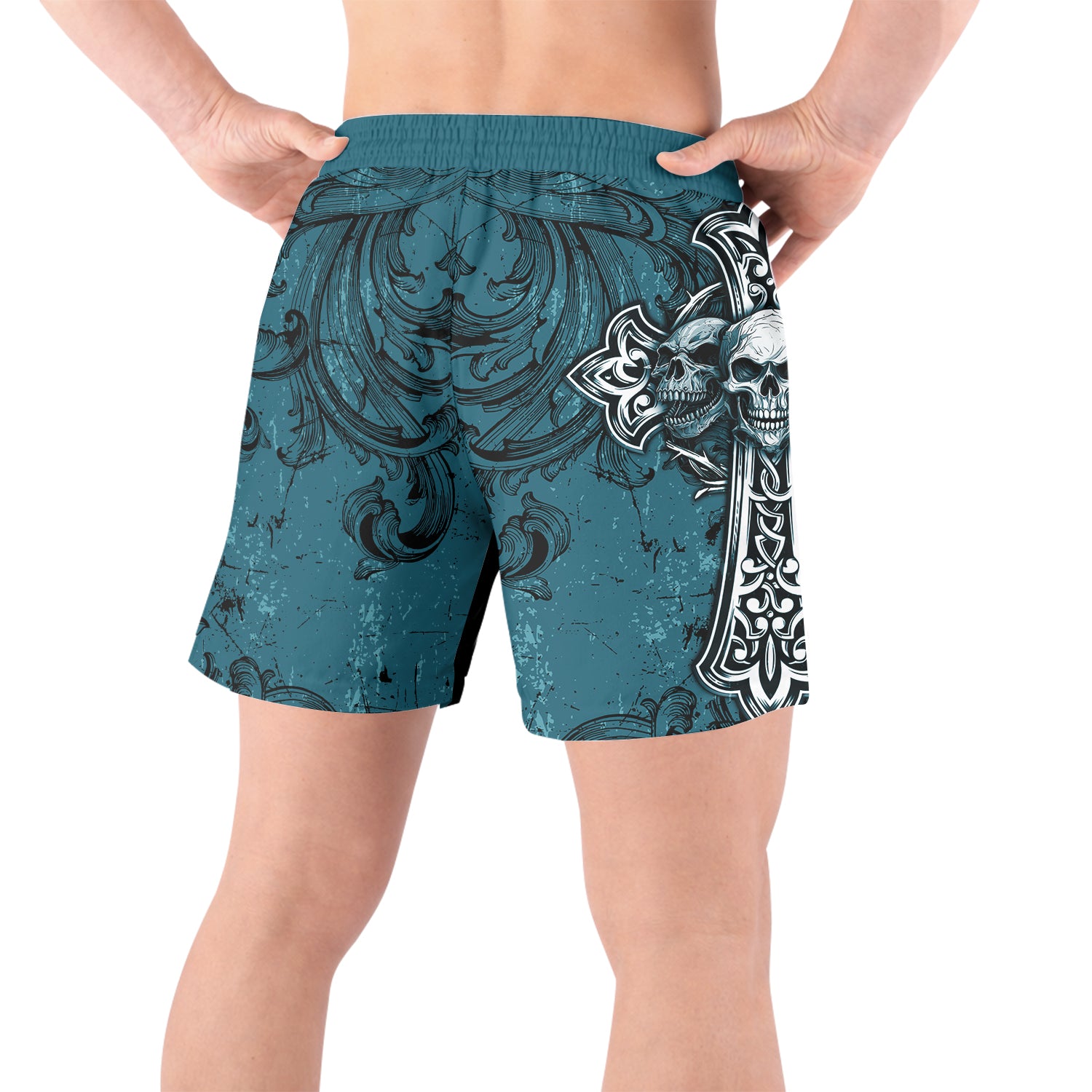 Memento Mori Skull Cross Grappling Shorts - back view lifestyle