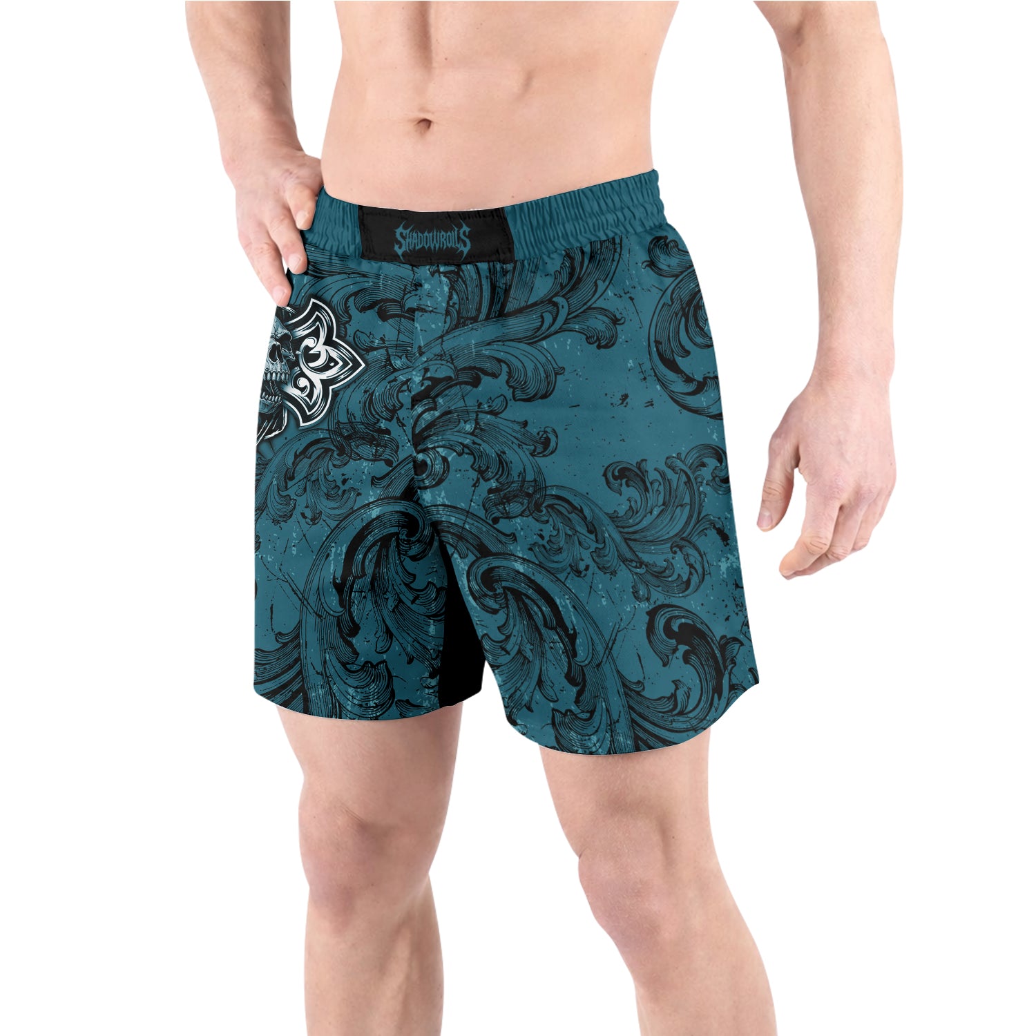 Memento Mori Skull Cross Grappling Shorts - front view lifestyle