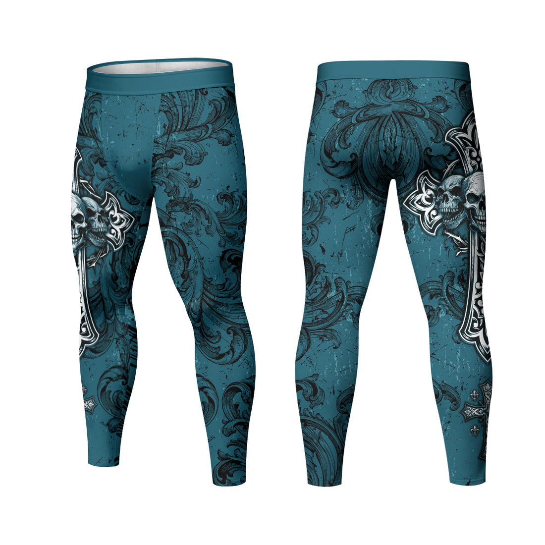 Memento Mori Skull Cross Men's Leggings - front and back view