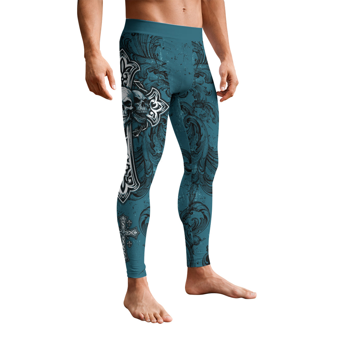 Memento Mori Skull Cross Men's Leggings - front and back view
