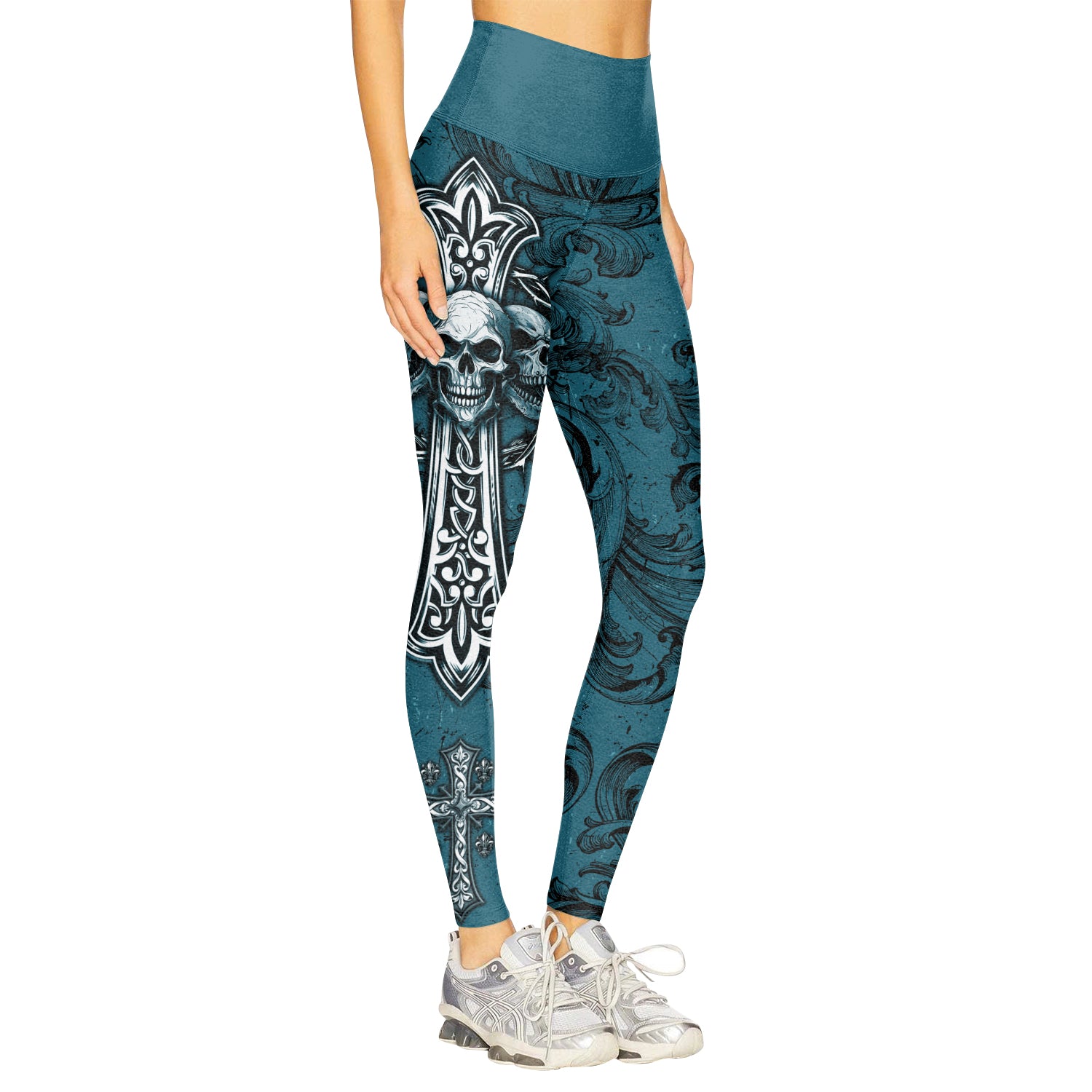 Memento Mori Skull Cross Women's Leggings - right side mockup