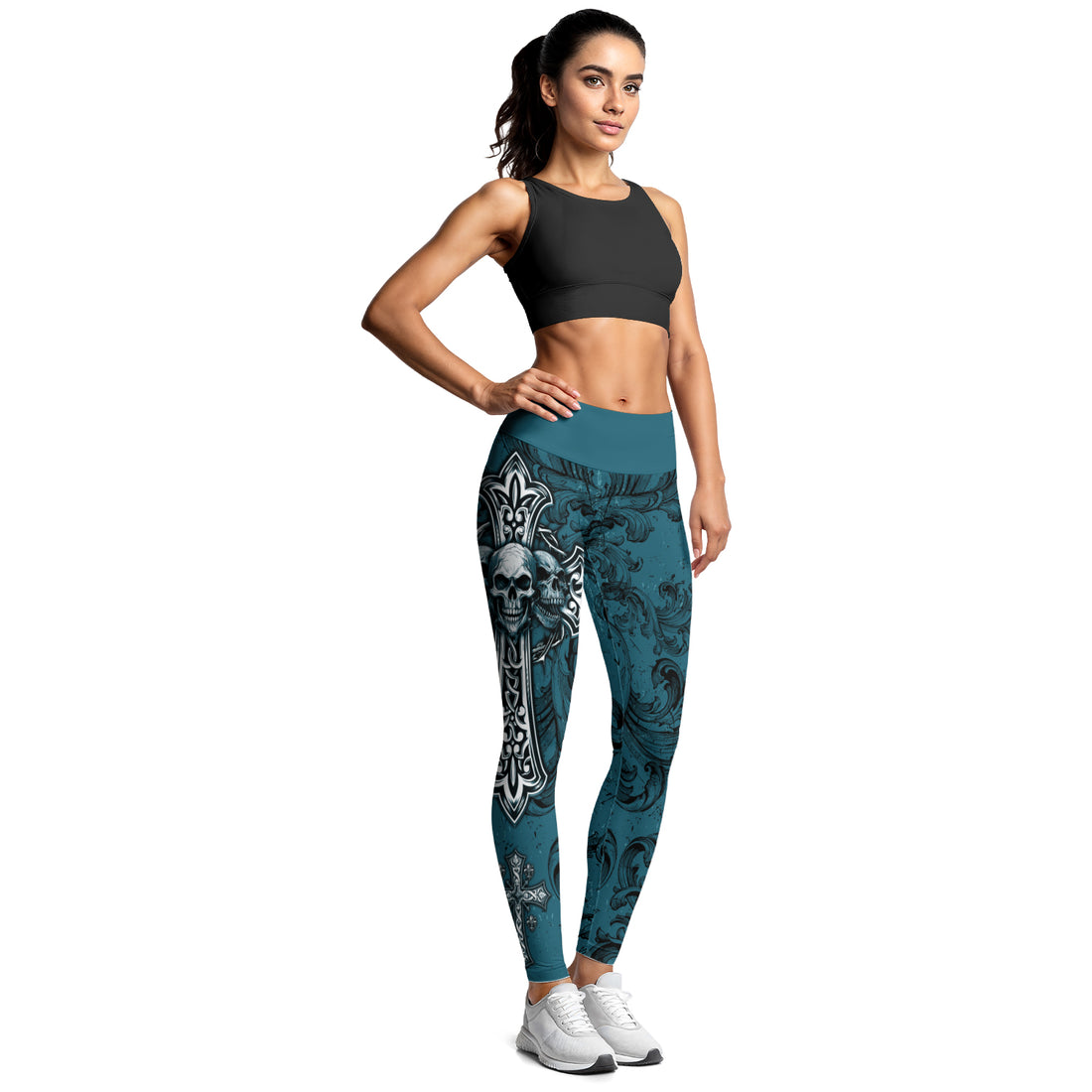 Memento Mori Skull Cross Women's Leggings - lifestyle view