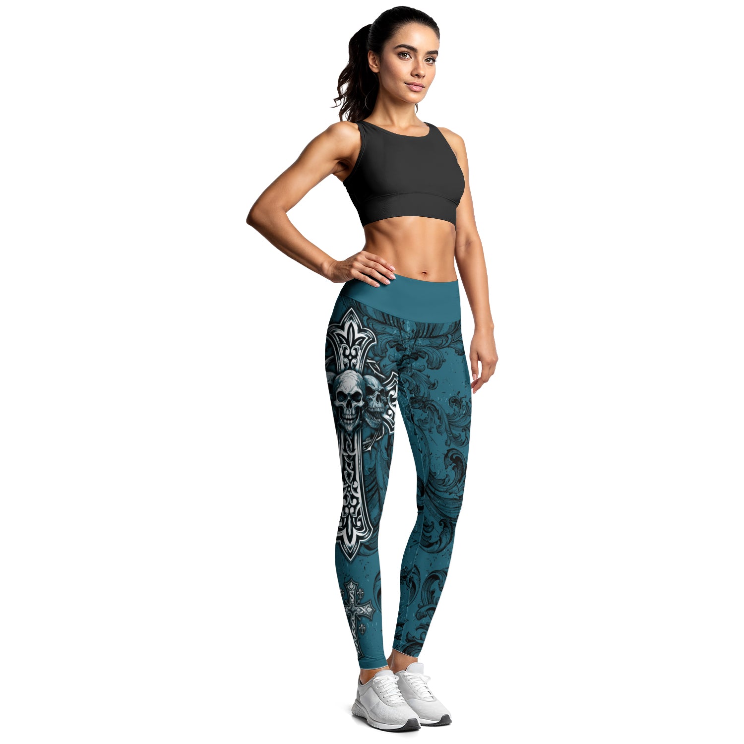 Memento Mori Skull Cross Women's Leggings - lifestyle view