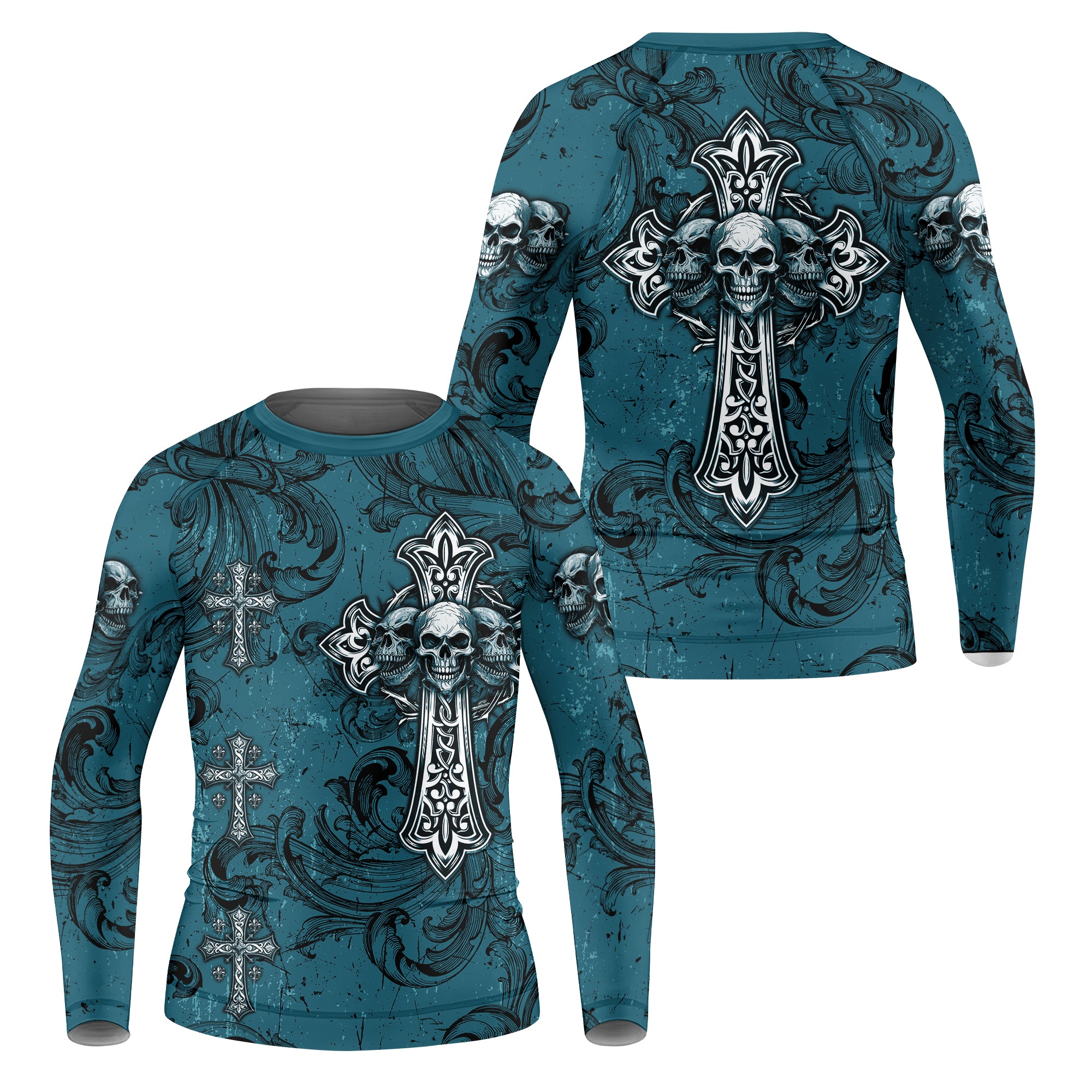 Memento Mori Skull Cross Kids Rash Guard Long Sleeve - front and back view