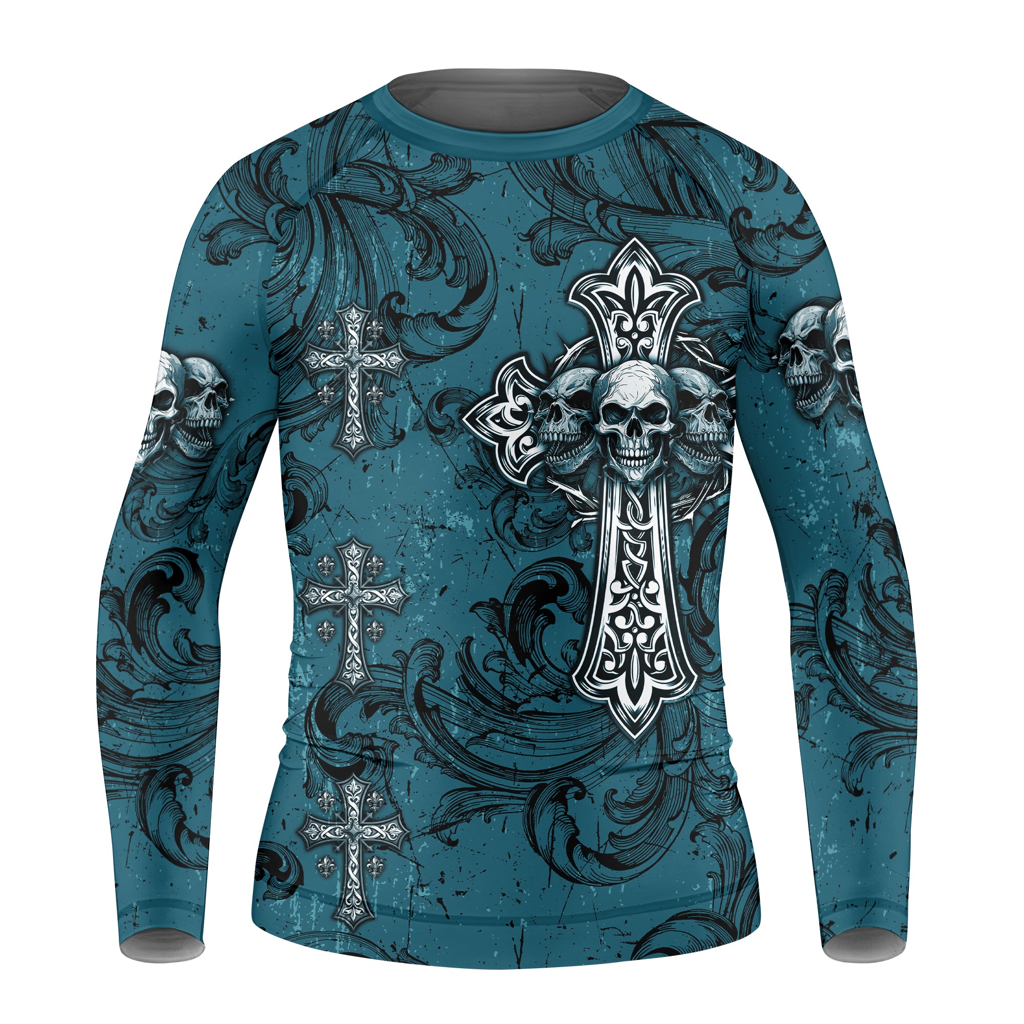 Memento Mori Skull Cross Kids Rash Guard Long Sleeve - front view mockup