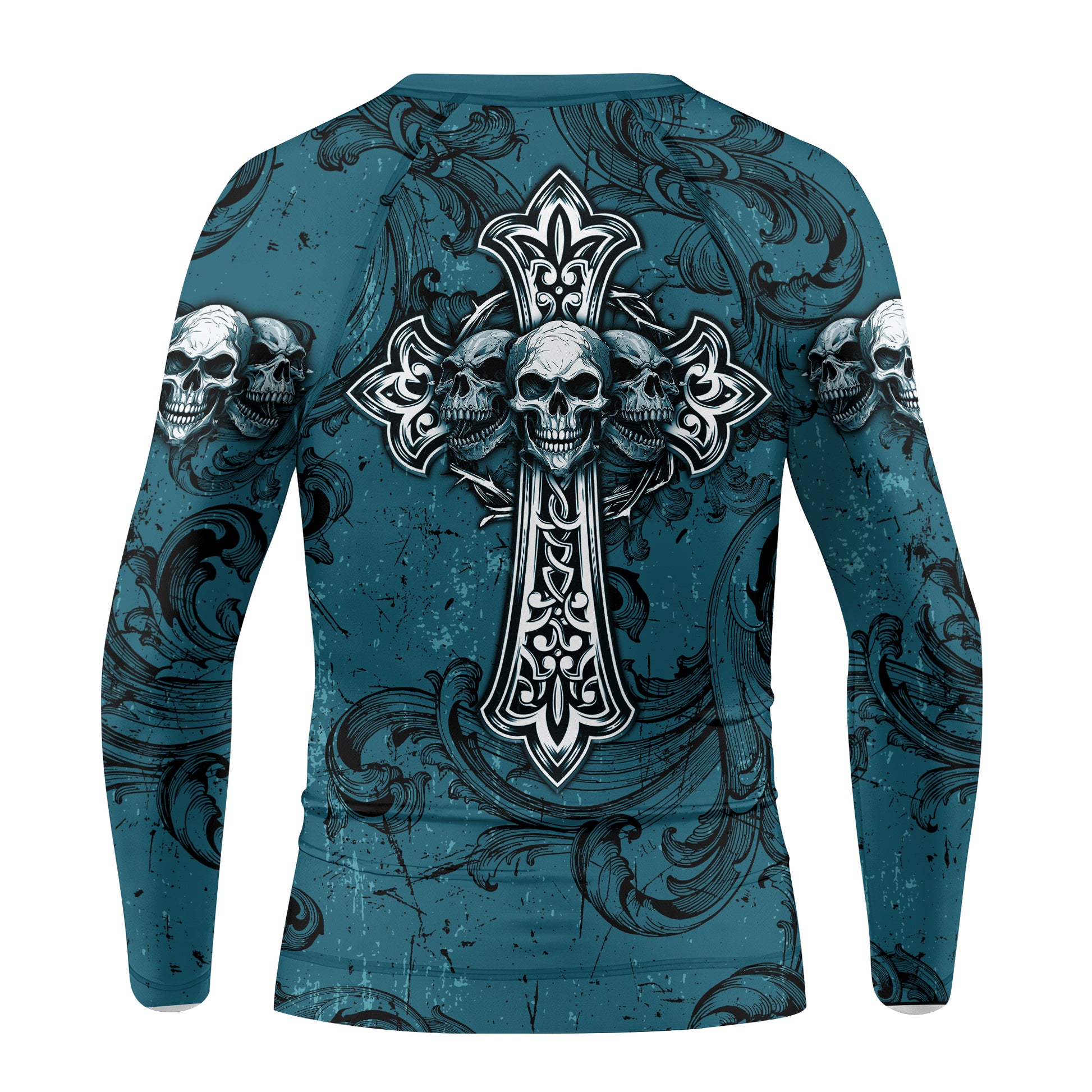 Memento Mori Skull Cross Kids Rash Guard Long Sleeve - back view mockup