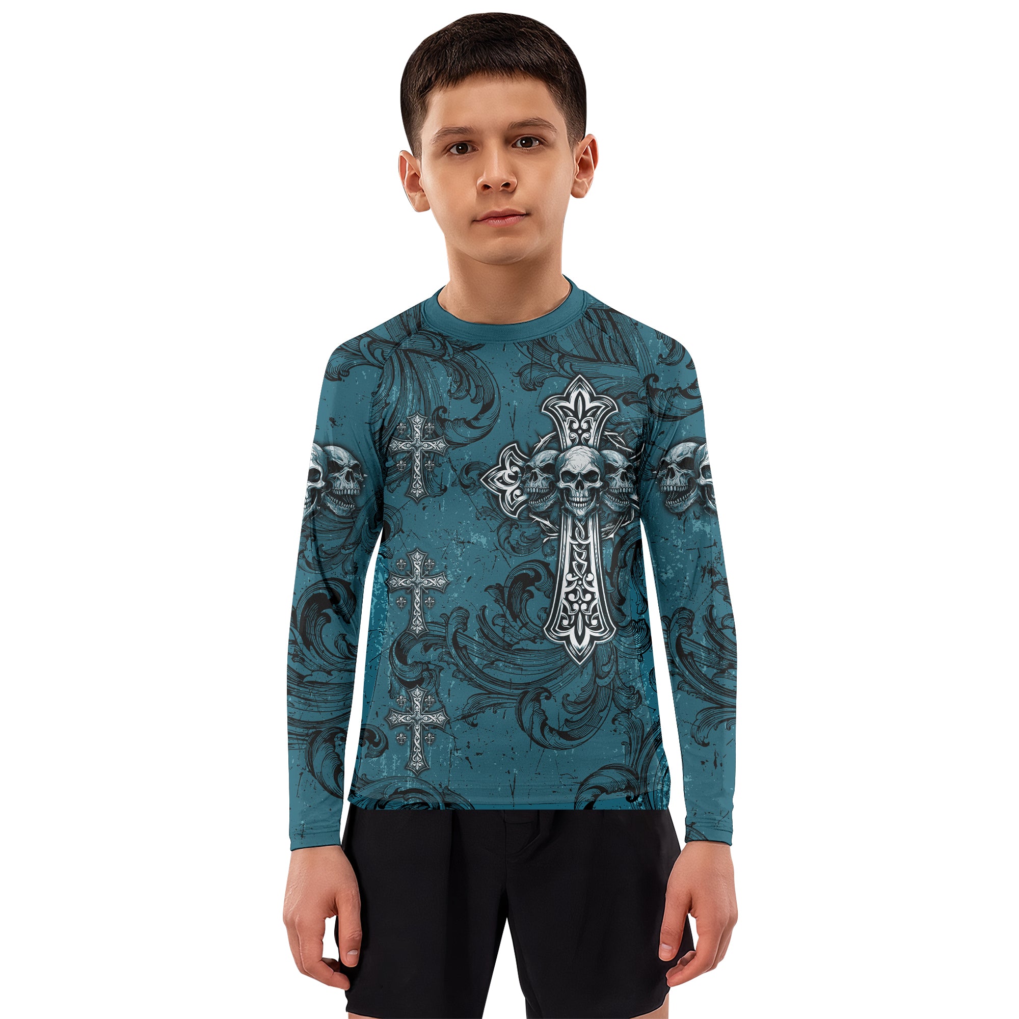 Memento Mori Skull Cross Kids Rash Guard Long Sleeve - boy's lifestyle view