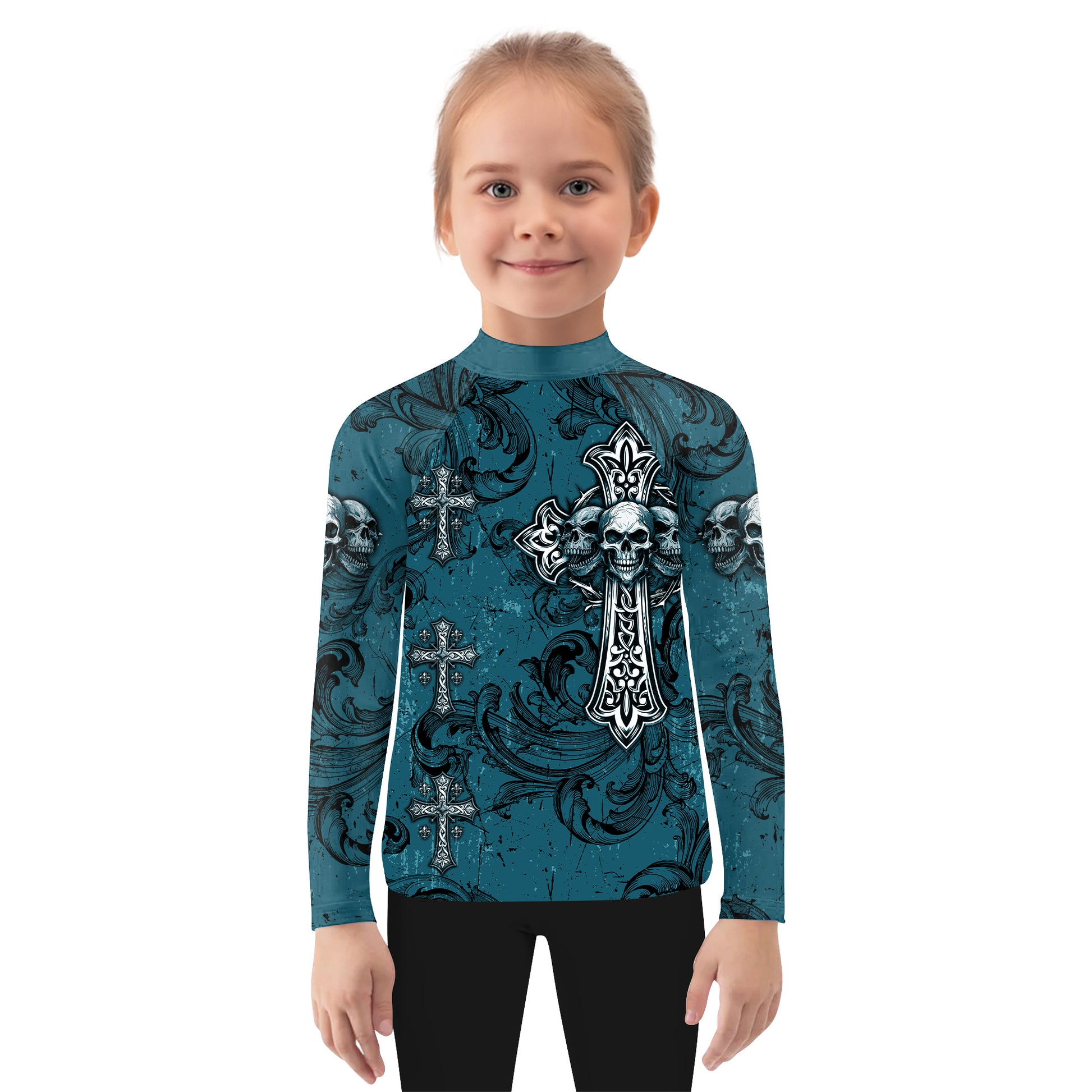 Memento Mori Skull Cross Kids Rash Guard Long Sleeve - girl's lifestyle view
