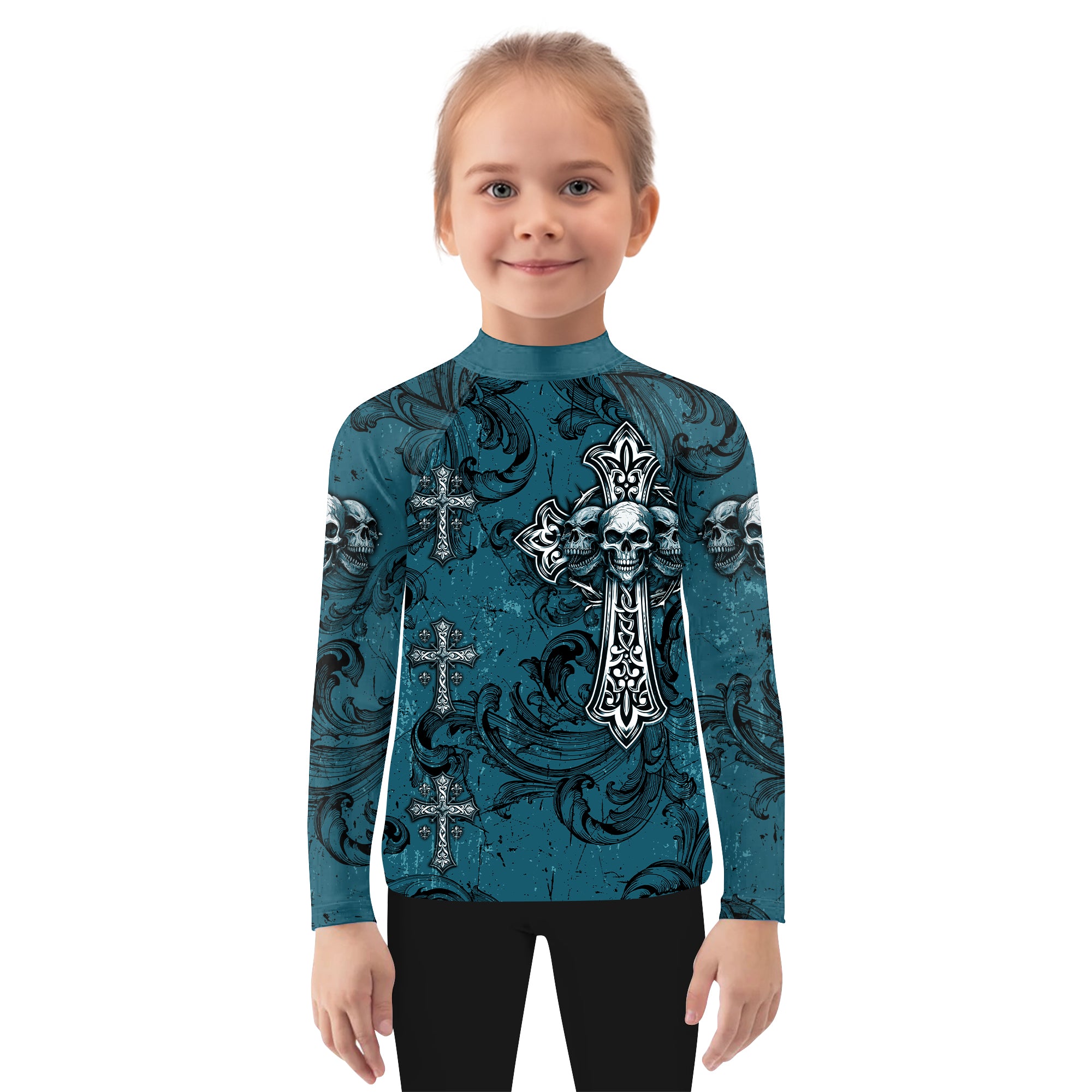 Memento Mori Skull Cross Kids Rash Guard Long Sleeve - girl's lifestyle view