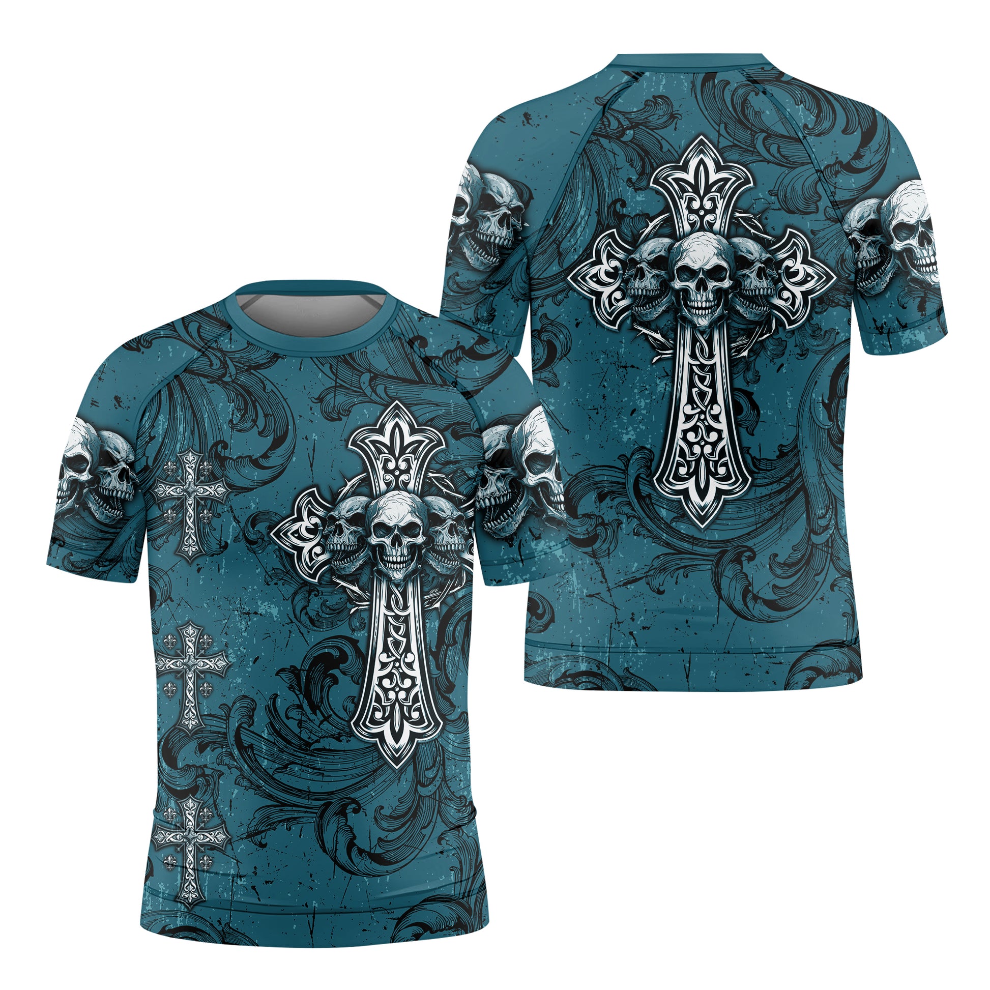 Memento Mori Skull Cross Kids Rash Guard Short Sleeve - front and back view