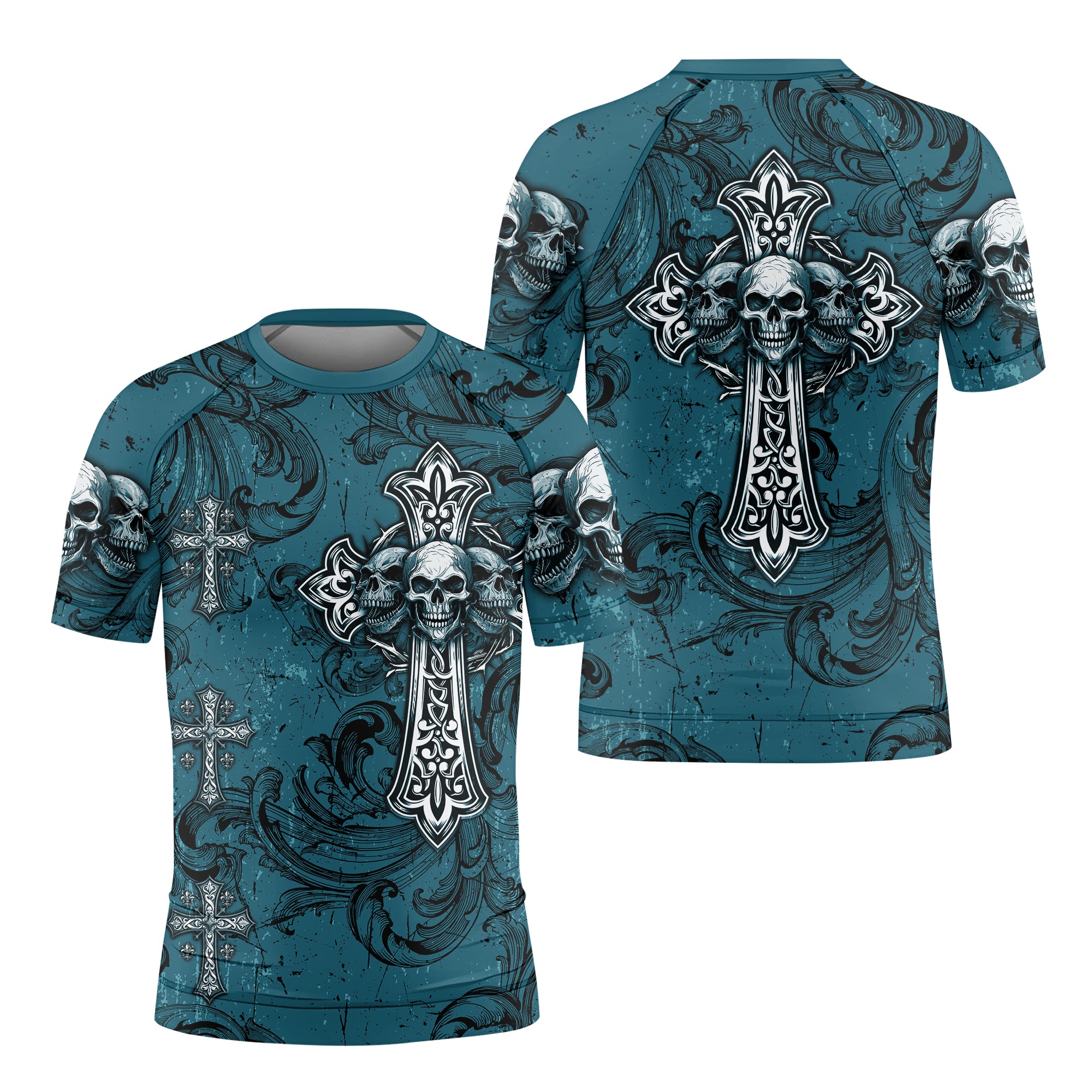 Memento Mori Skull Cross Kids Rash Guard Short Sleeve - front and back view