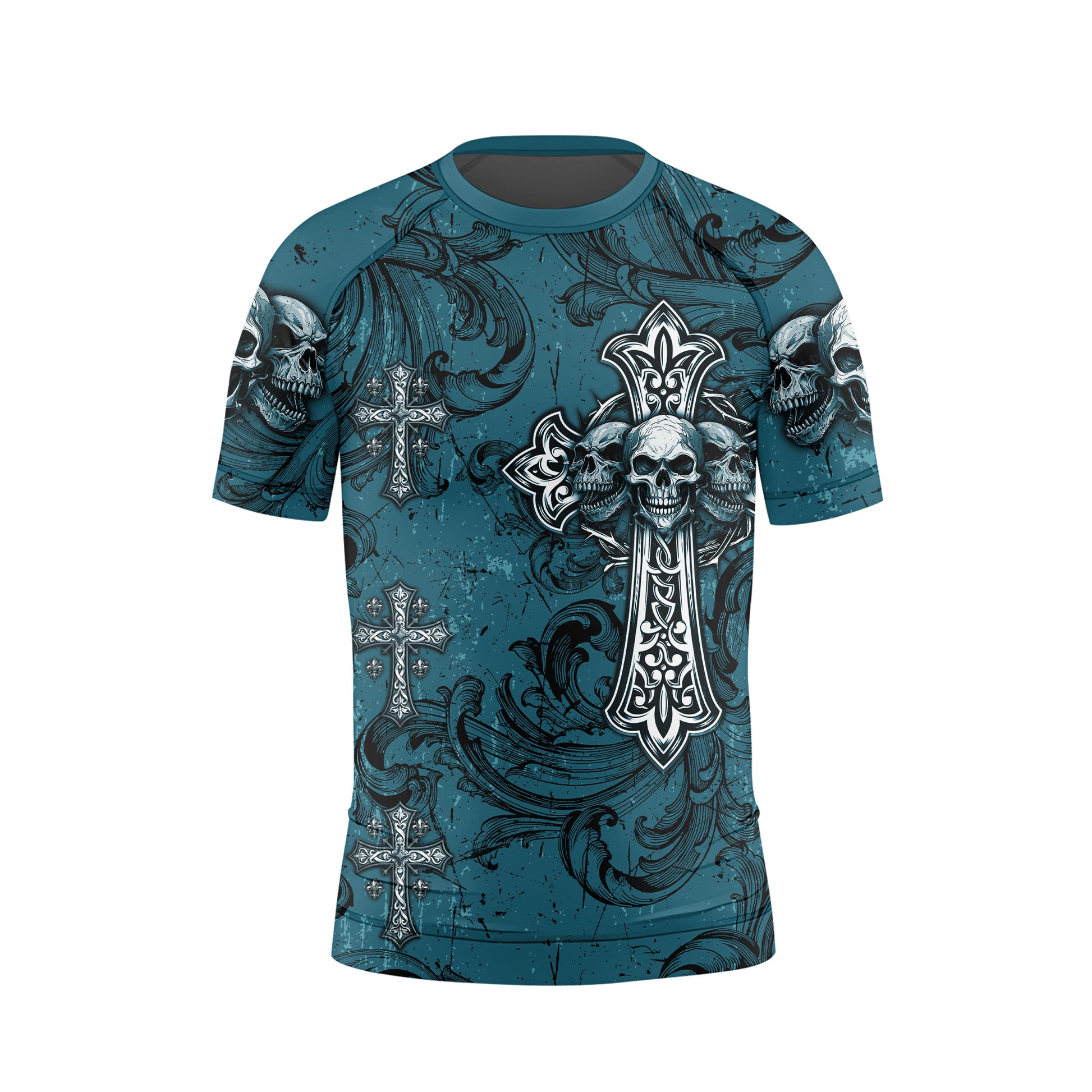 Memento Mori Skull Cross Kids Rash Guard Short Sleeve - front view mockup