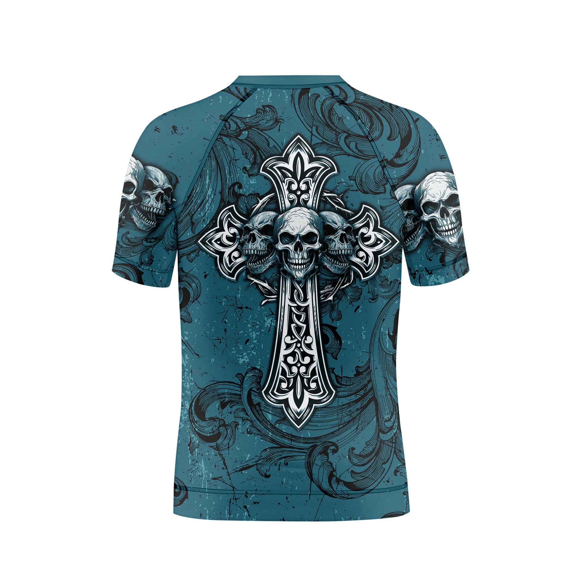 Memento Mori Skull Cross Kids Rash Guard Short Sleeve - back view mockup