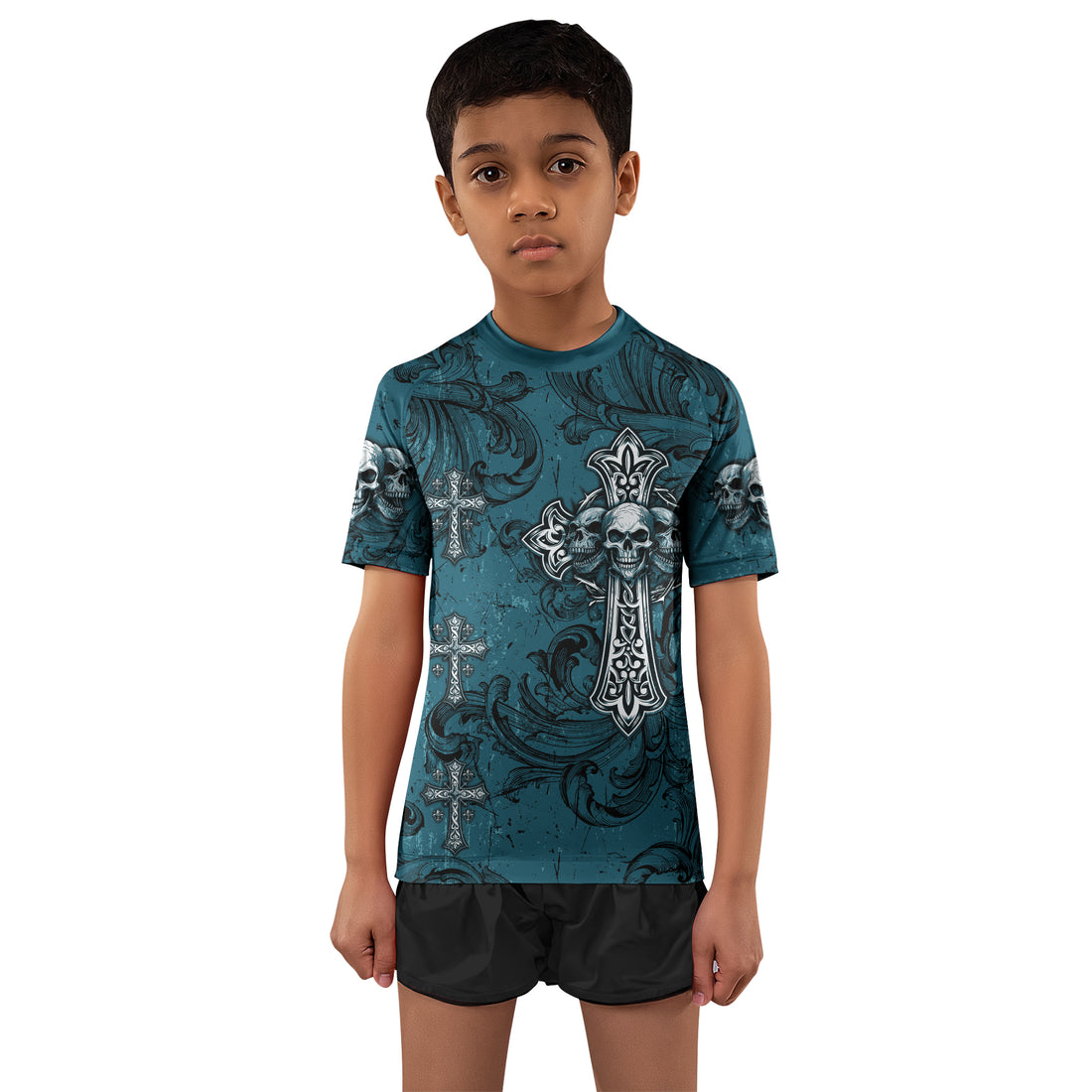 Memento Mori Skull Cross Kids Rash Guard Short Sleeve - boy's lifestyle view