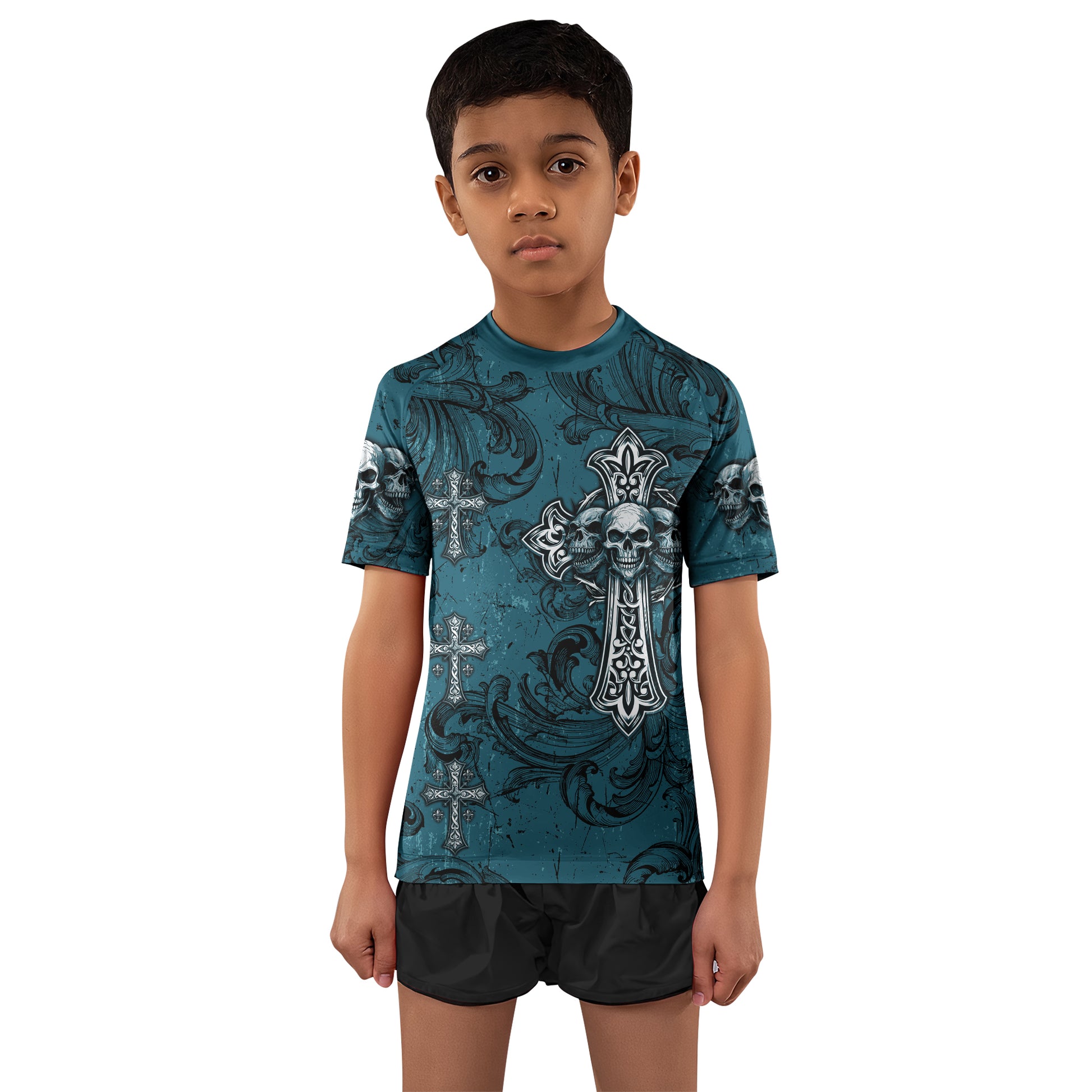 Memento Mori Skull Cross Kids Rash Guard Short Sleeve - boy's lifestyle view