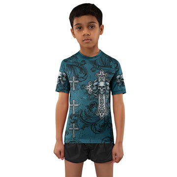 Memento Mori Skull Cross Kids Rash Guard Short Sleeve - boy's lifestyle view