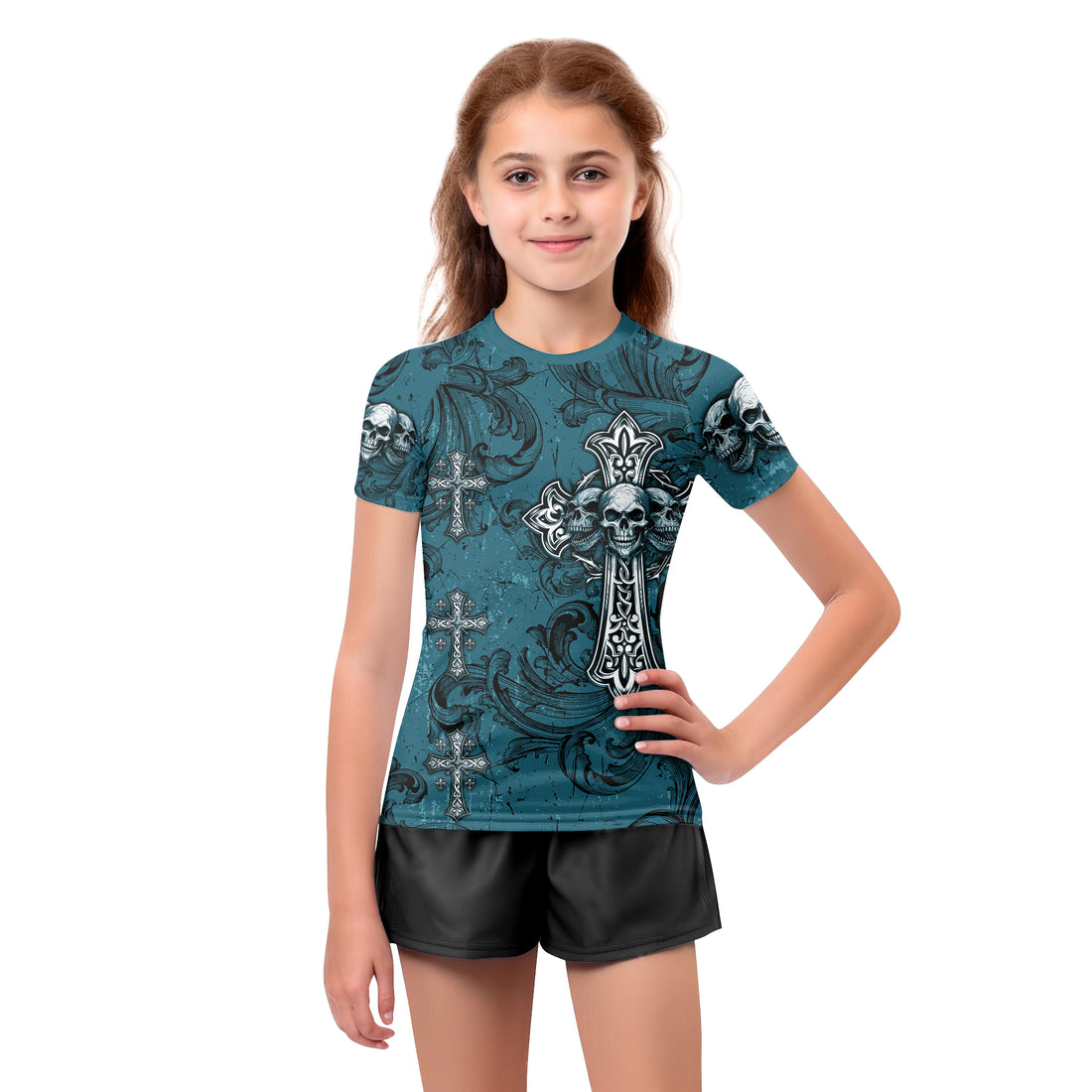 Memento Mori Skull Cross Kids Rash Guard Short Sleeve - boy's lifestyle view