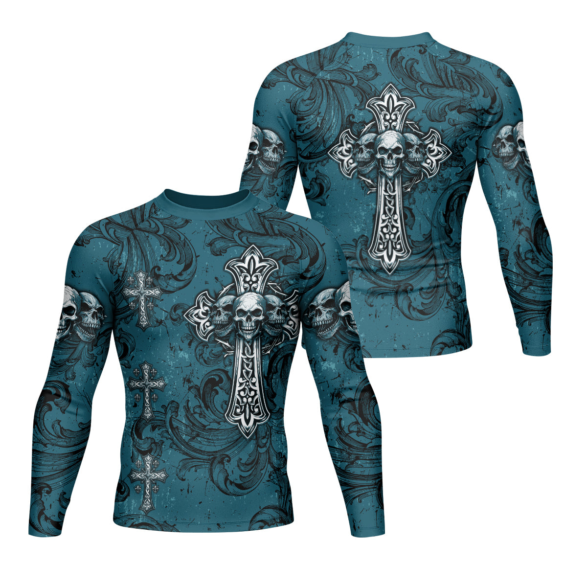 Memento Mori Skull Cross Men's Rash Guard Long Sleeve - front and back view