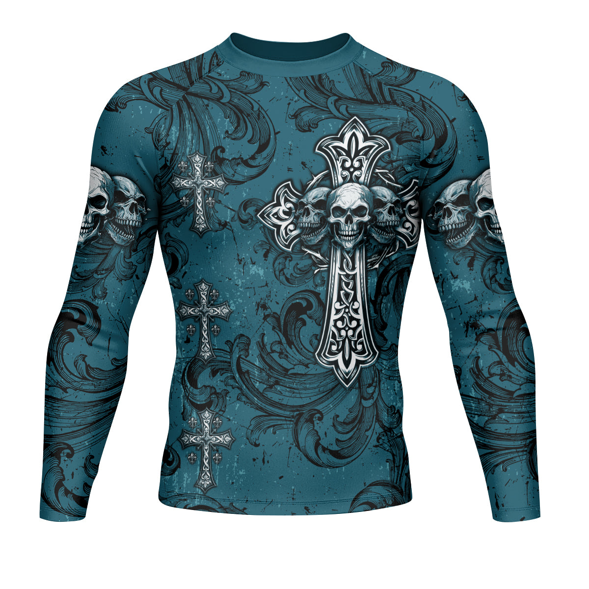 Memento Mori Skull Cross Men's Rash Guard Long Sleeve - front view mockup