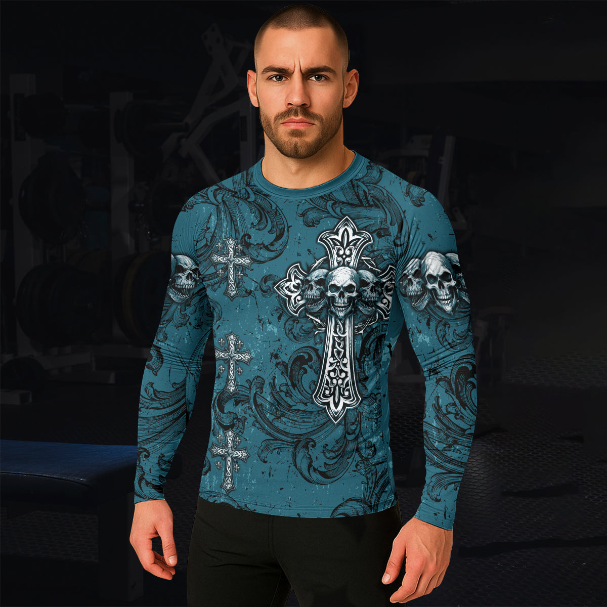 Memento Mori Skull Cross Men's Rash Guard Long Sleeve - lifestyle view