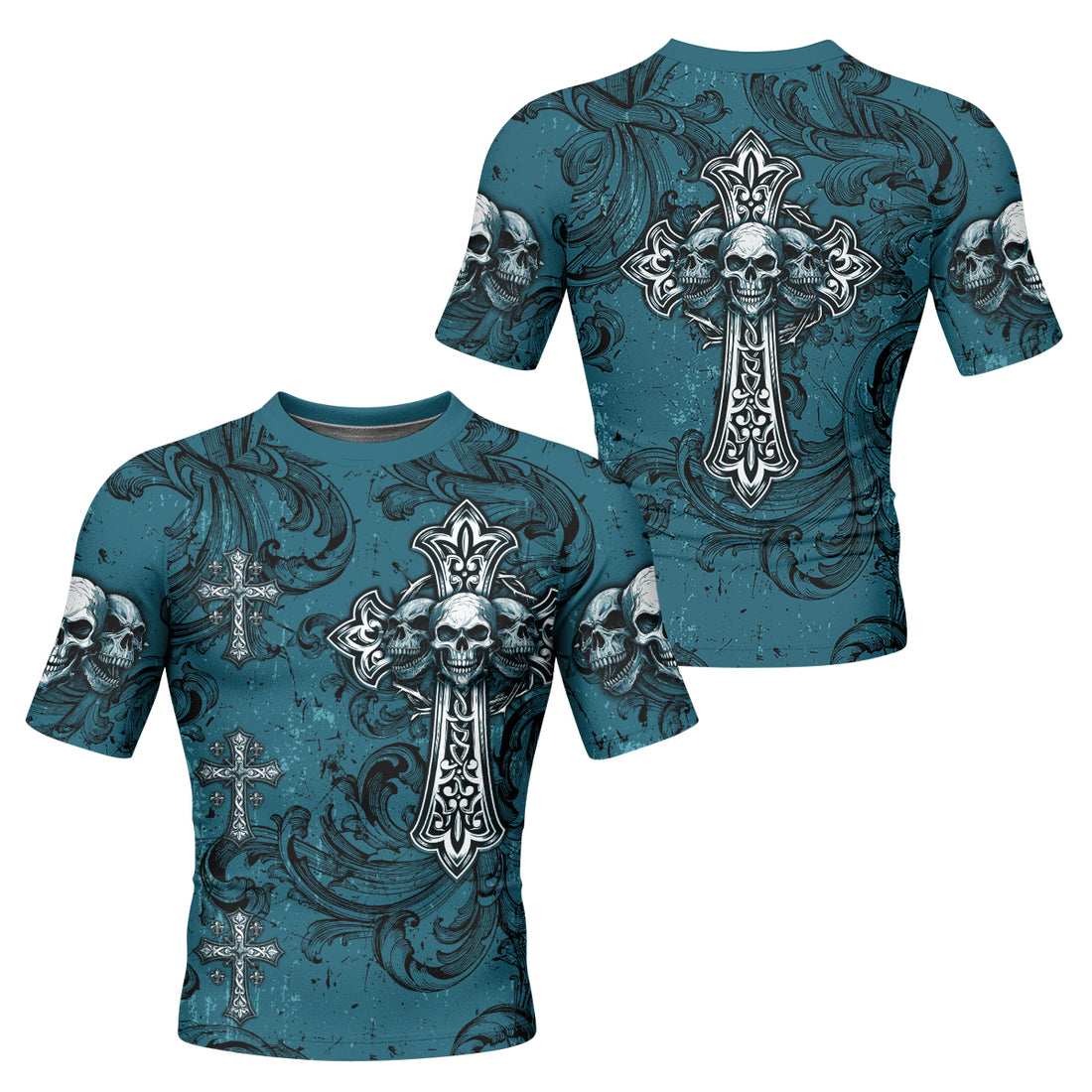 Memento Mori Skull Cross Men's Rash Guard Short Sleeve - front and back view
