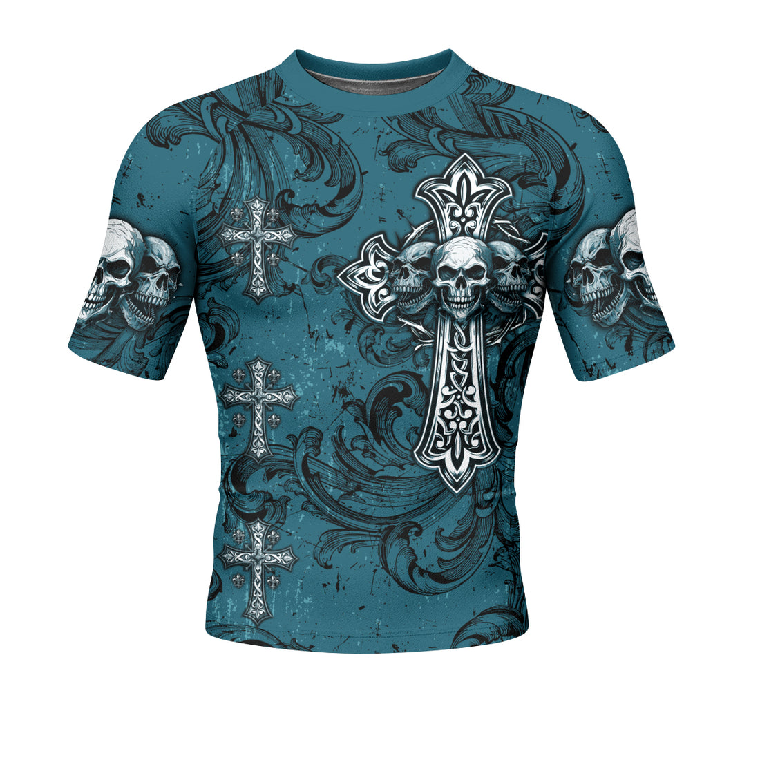 Memento Mori Skull Cross Men's Rash Guard Short Sleeve - front and back view