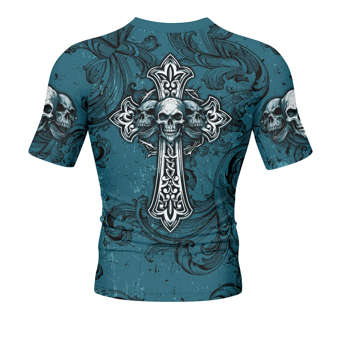 Memento Mori Skull Cross Men's Rash Guard Short Sleeve - back view mockup
