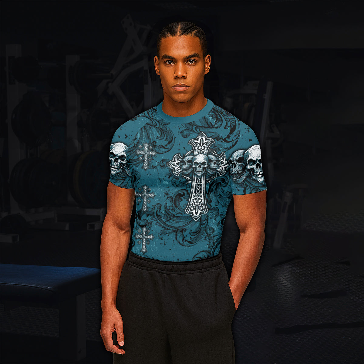 Memento Mori Skull Cross Men's Rash Guard Short Sleeve - lifestyle view