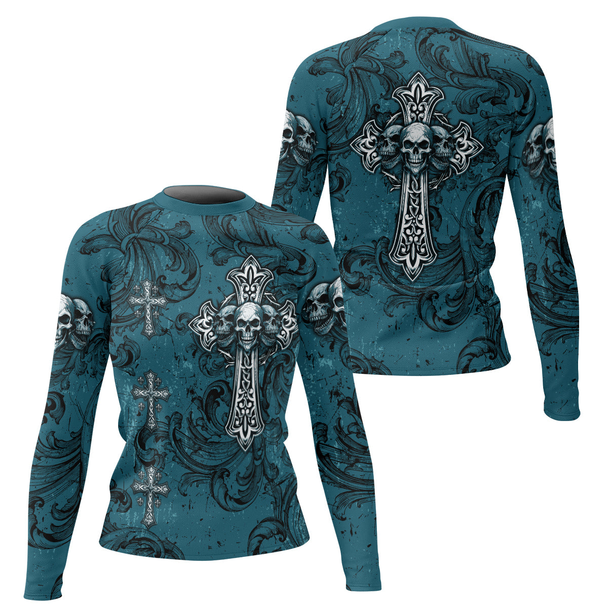 Memento Mori Skull Cross Women's Rash Guard Long Sleeve - front and back view