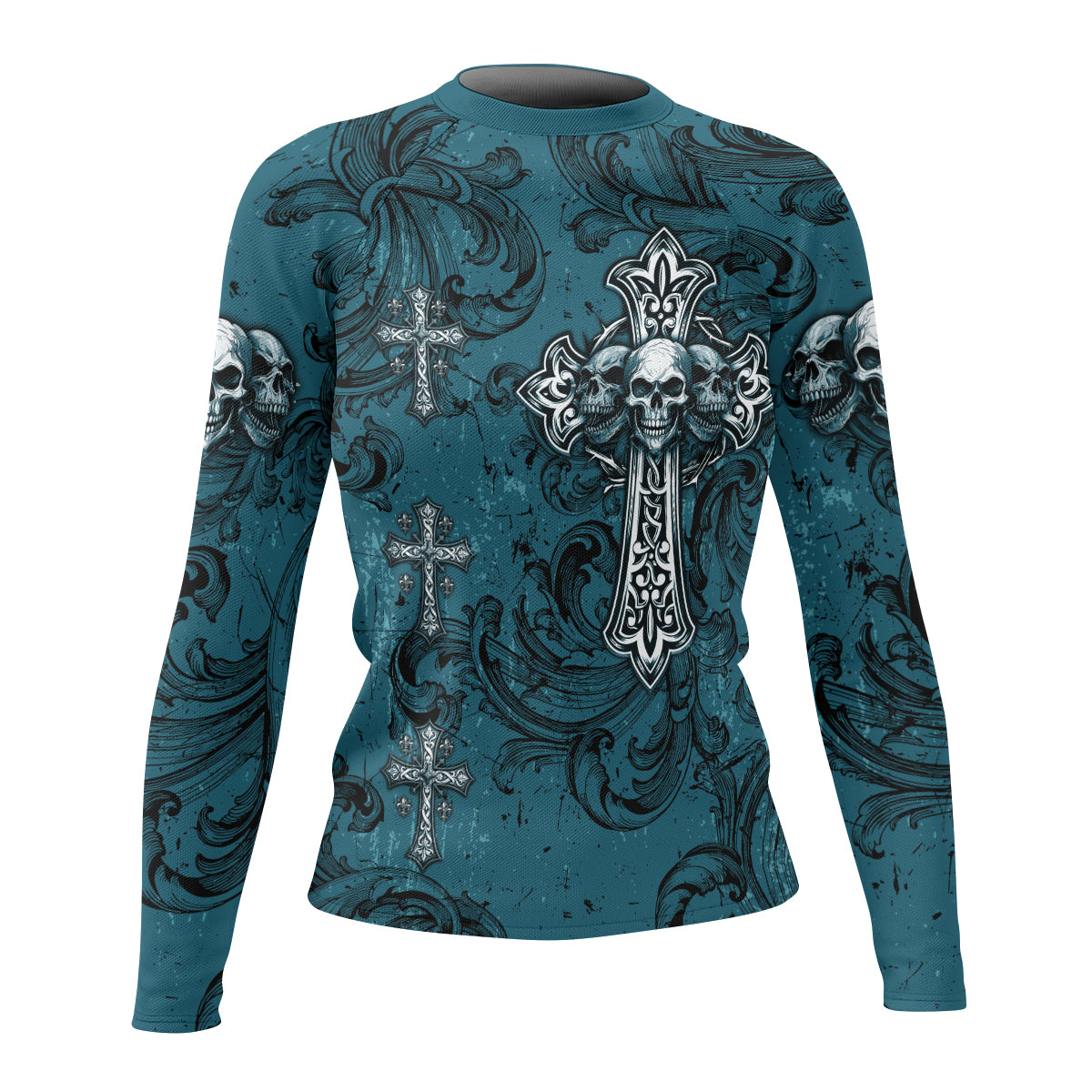 Memento Mori Skull Cross Women's Rash Guard Long Sleeve - front view mockup