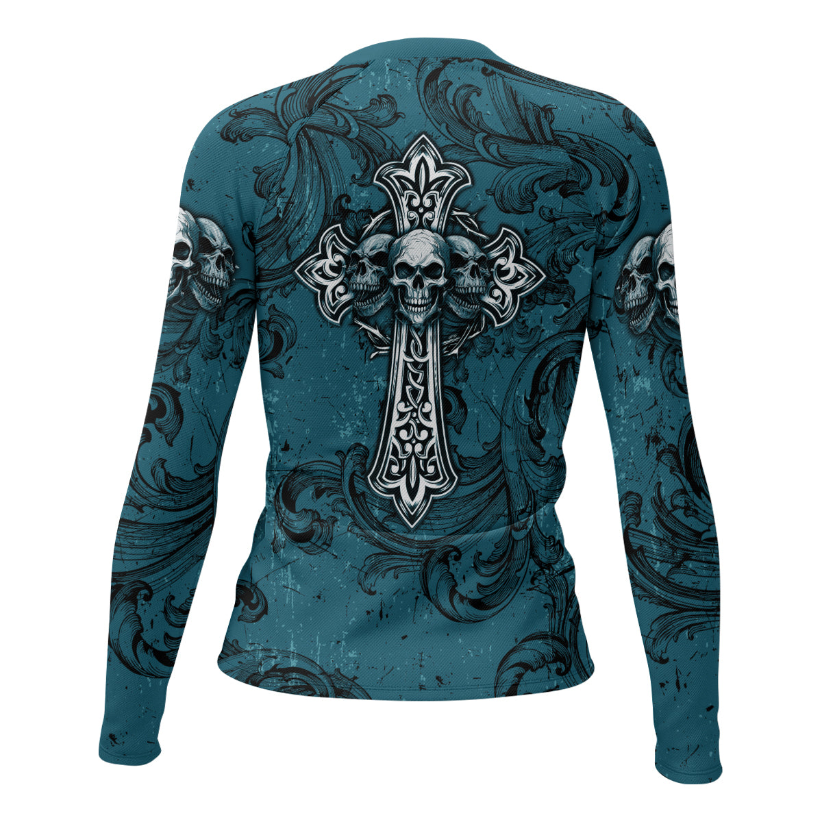 Memento Mori Skull Cross Women's Rash Guard Long Sleeve - back view mockup