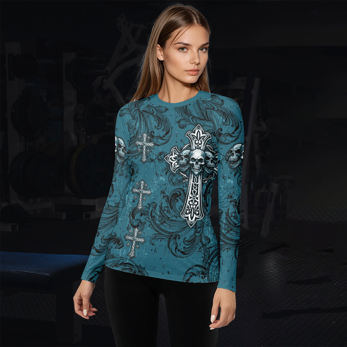 Memento Mori Skull Cross Women's Rash Guard Long Sleeve - lifestyle view