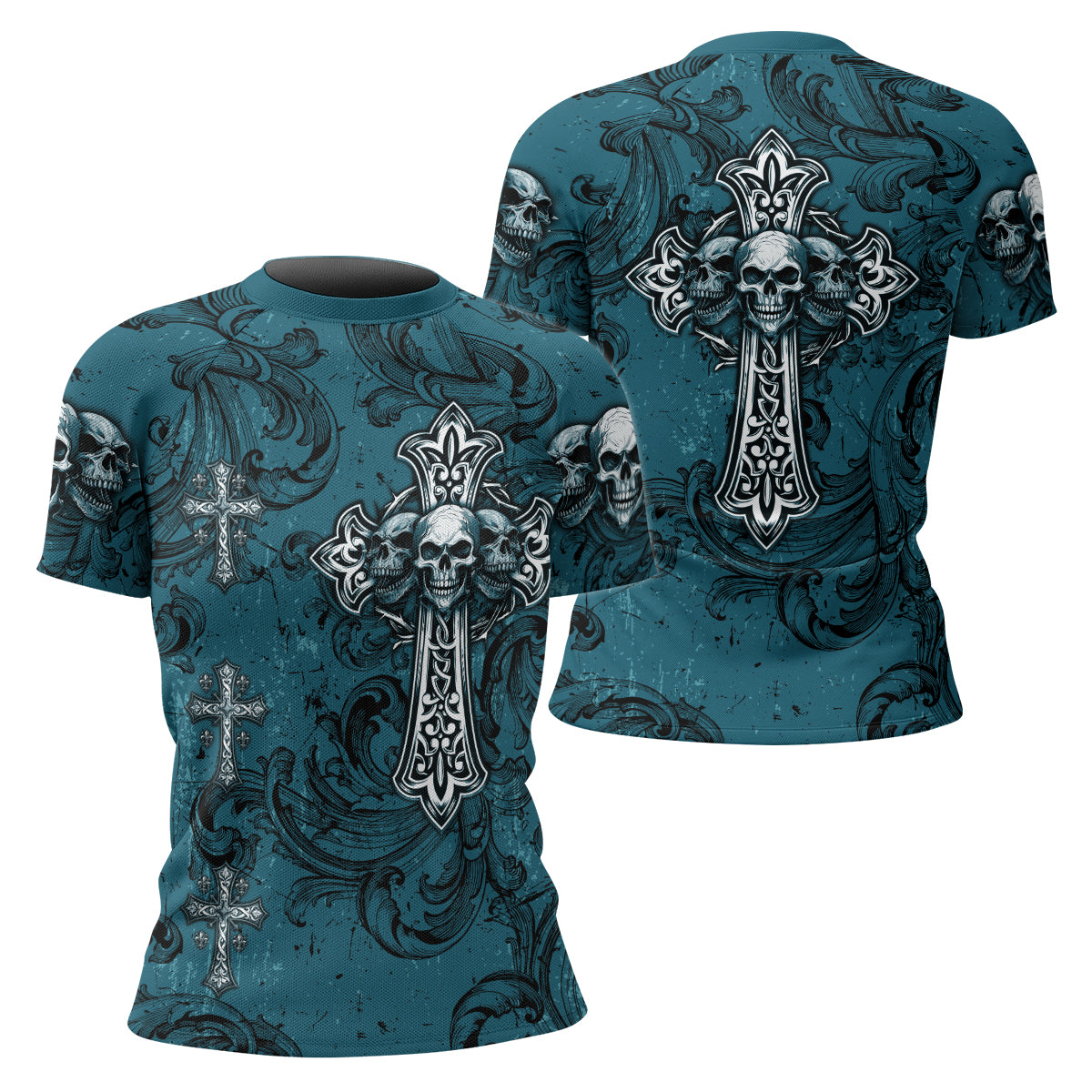 Memento Mori Skull Cross Women's Rash Guard Short Sleeve - front and back view