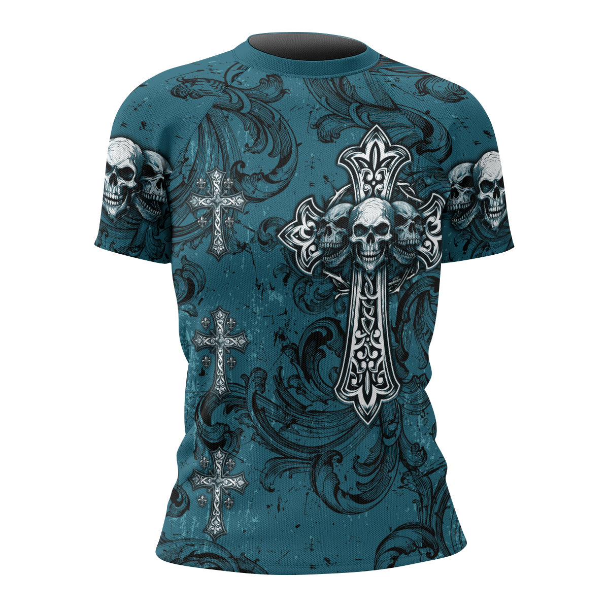 Memento Mori Skull Cross Women's Rash Guard Short Sleeve - front view mockup