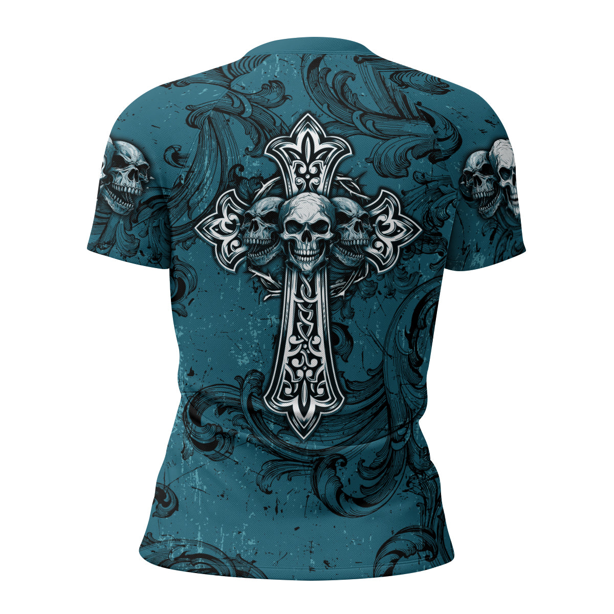 Memento Mori Skull Cross Women's Rash Guard Short Sleeve - back view mockup