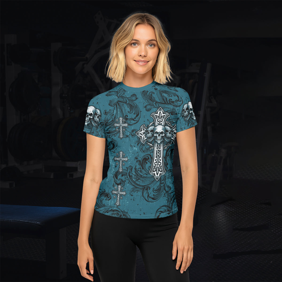 Memento Mori Skull Cross Women's Rash Guard Short Sleeve - lifestyle view