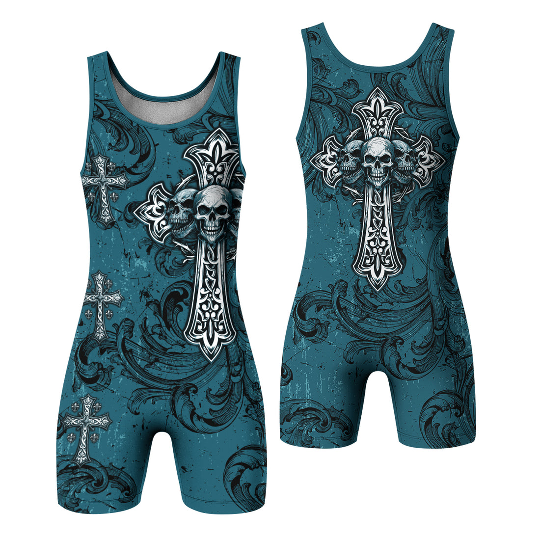 Memento Mori Skull Cross Wrestling Singlet - front and back view